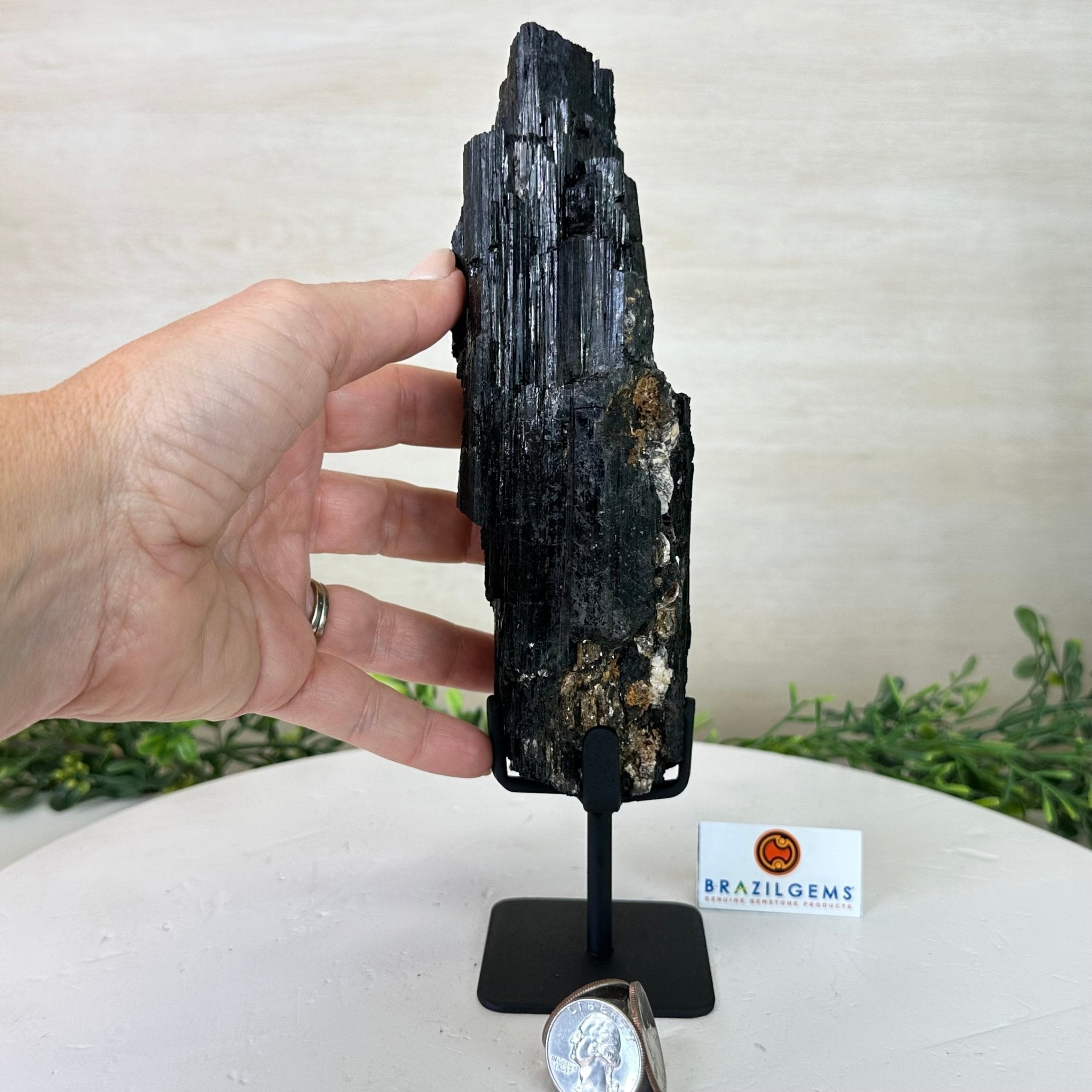 Black Tourmaline Cluster on a Metal Stand, 2.4 lbs and 9.5" Tall #6020 - 0002 - Brazil GemsBrazil GemsBlack Tourmaline Cluster on a Metal Stand, 2.4 lbs and 9.5" Tall #6020 - 0002Clusters on Wood Bases6020 - 0002