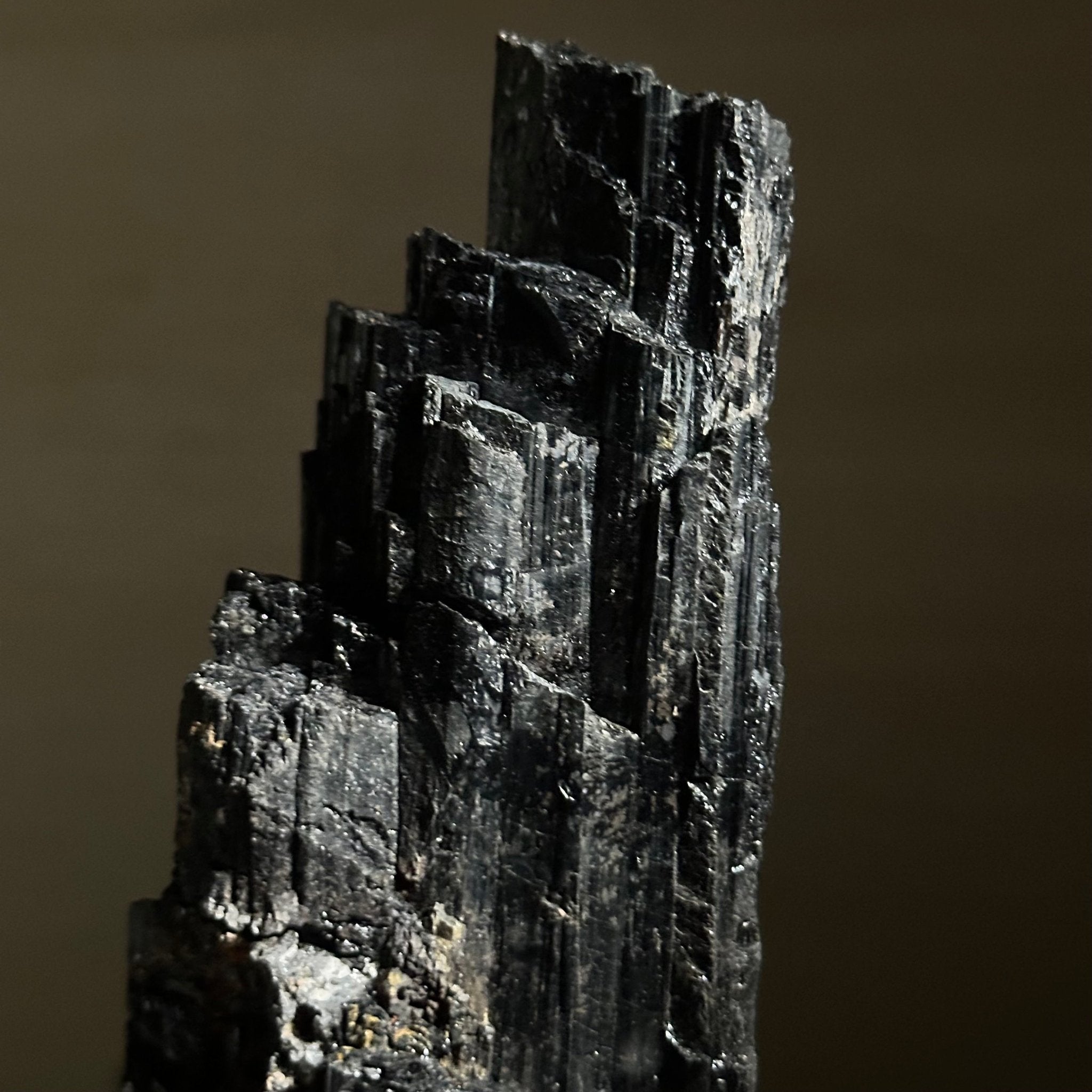 Black Tourmaline Cluster on a Metal Stand, 2.4 lbs and 9.5" Tall #6020 - 0002 - Brazil GemsBrazil GemsBlack Tourmaline Cluster on a Metal Stand, 2.4 lbs and 9.5" Tall #6020 - 0002Clusters on Wood Bases6020 - 0002