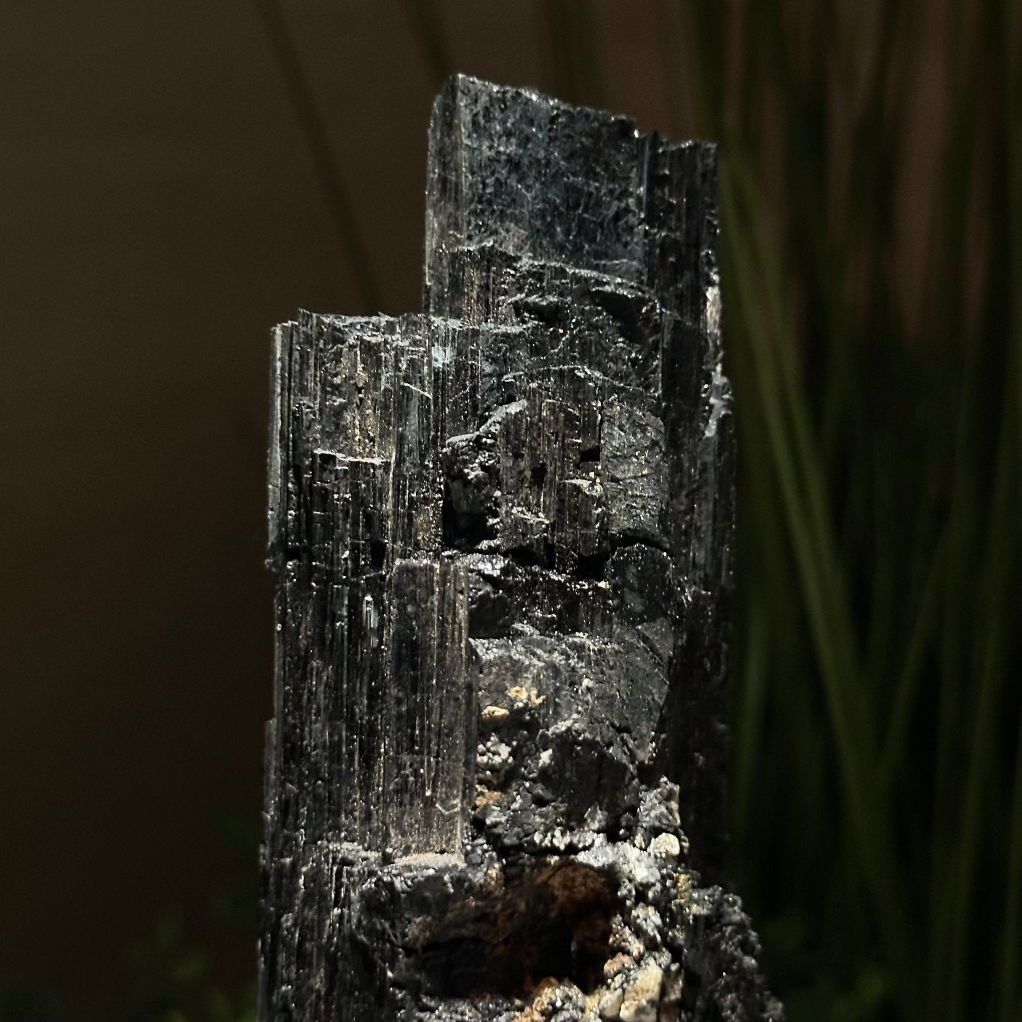 Black Tourmaline Cluster on a Metal Stand, 2.4 lbs and 9.5" Tall #6020 - 0002 - Brazil GemsBrazil GemsBlack Tourmaline Cluster on a Metal Stand, 2.4 lbs and 9.5" Tall #6020 - 0002Clusters on Wood Bases6020 - 0002