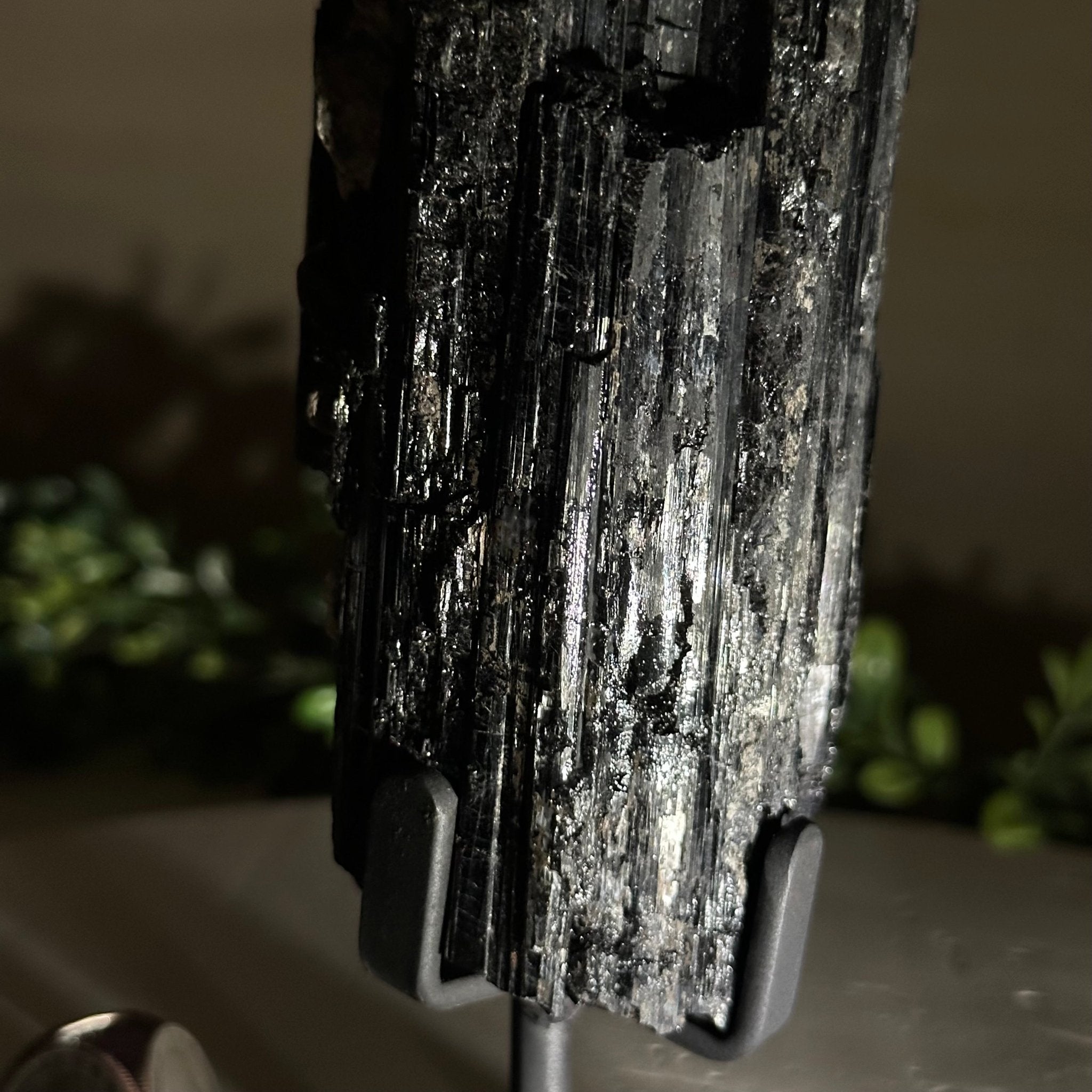 Black Tourmaline Cluster on a Metal Stand, 2.4 lbs and 9.5" Tall #6020 - 0002 - Brazil GemsBrazil GemsBlack Tourmaline Cluster on a Metal Stand, 2.4 lbs and 9.5" Tall #6020 - 0002Clusters on Wood Bases6020 - 0002