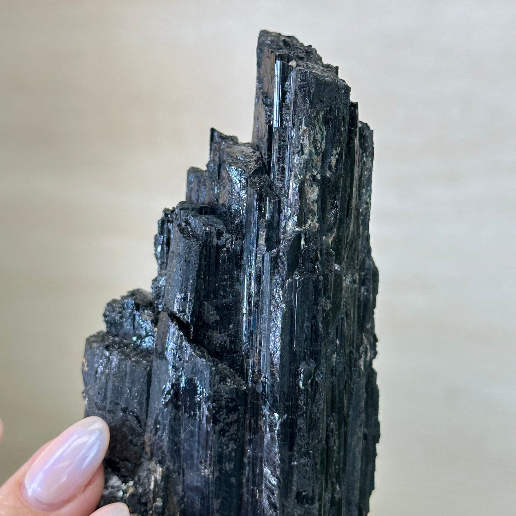 Black Tourmaline Cluster on a Metal Stand, 2.4 lbs and 9.5" Tall #6020 - 0002 - Brazil GemsBrazil GemsBlack Tourmaline Cluster on a Metal Stand, 2.4 lbs and 9.5" Tall #6020 - 0002Clusters on Wood Bases6020 - 0002