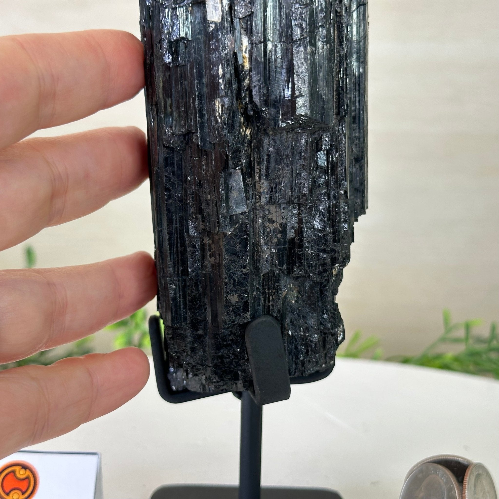 Black Tourmaline Cluster on a Metal Stand, 2.4 lbs and 9.5" Tall #6020 - 0002 - Brazil GemsBrazil GemsBlack Tourmaline Cluster on a Metal Stand, 2.4 lbs and 9.5" Tall #6020 - 0002Clusters on Wood Bases6020 - 0002