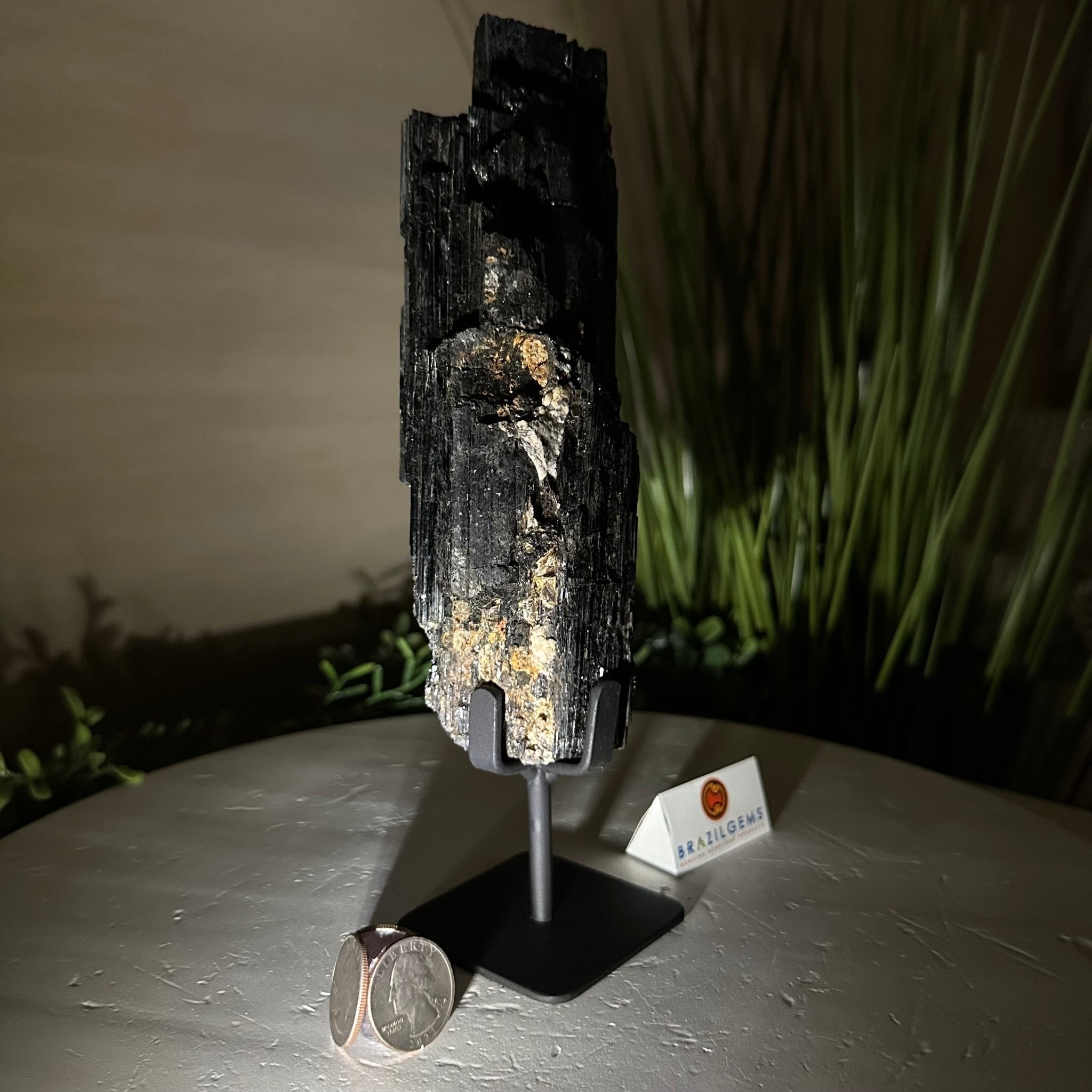Black Tourmaline Cluster on a Metal Stand, 2.4 lbs and 9.5" Tall #6020 - 0002 - Brazil GemsBrazil GemsBlack Tourmaline Cluster on a Metal Stand, 2.4 lbs and 9.5" Tall #6020 - 0002Clusters on Wood Bases6020 - 0002
