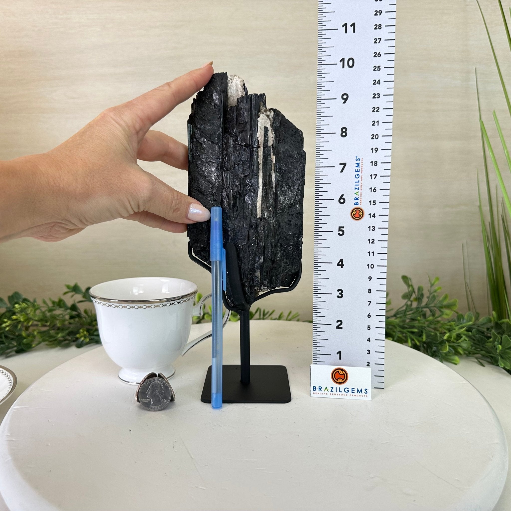 Black Tourmaline Cluster on a Metal Stand, 3.2 lbs and 10" Tall #6020 - 0003 - Brazil GemsBrazil GemsBlack Tourmaline Cluster on a Metal Stand, 3.2 lbs and 10" Tall #6020 - 0003Clusters on Wood Bases6020 - 0003