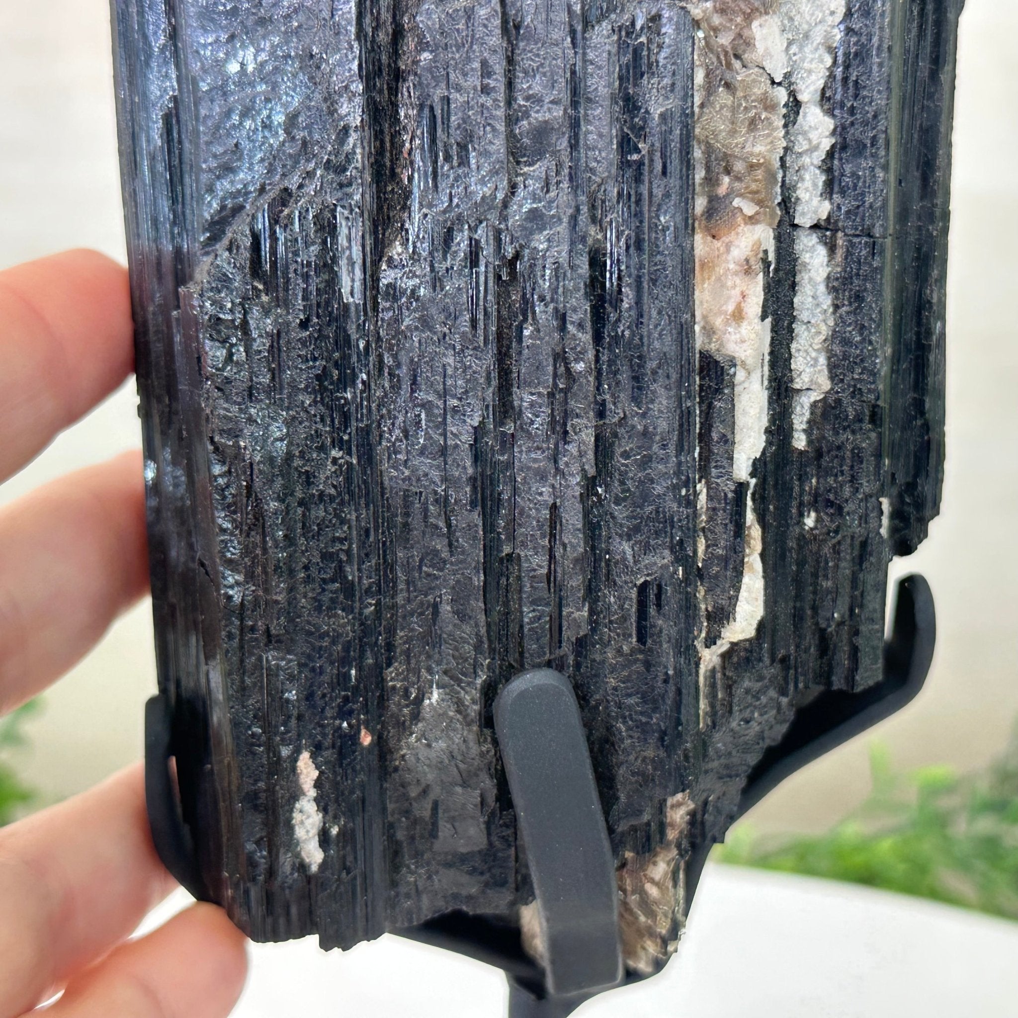 Black Tourmaline Cluster on a Metal Stand, 3.2 lbs and 10" Tall #6020 - 0003 - Brazil GemsBrazil GemsBlack Tourmaline Cluster on a Metal Stand, 3.2 lbs and 10" Tall #6020 - 0003Clusters on Wood Bases6020 - 0003