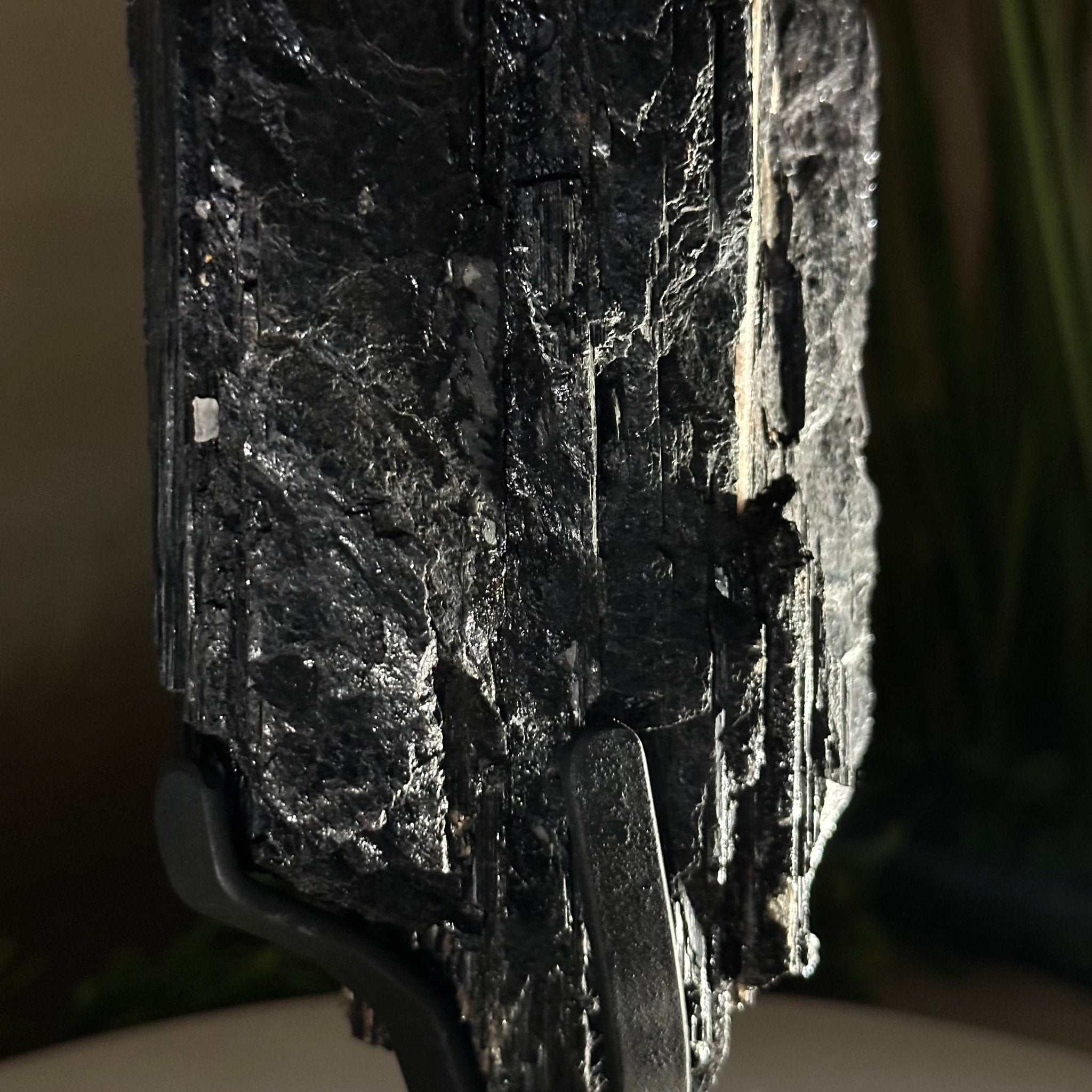 Black Tourmaline Cluster on a Metal Stand, 3.2 lbs and 10" Tall #6020 - 0003 - Brazil GemsBrazil GemsBlack Tourmaline Cluster on a Metal Stand, 3.2 lbs and 10" Tall #6020 - 0003Clusters on Wood Bases6020 - 0003