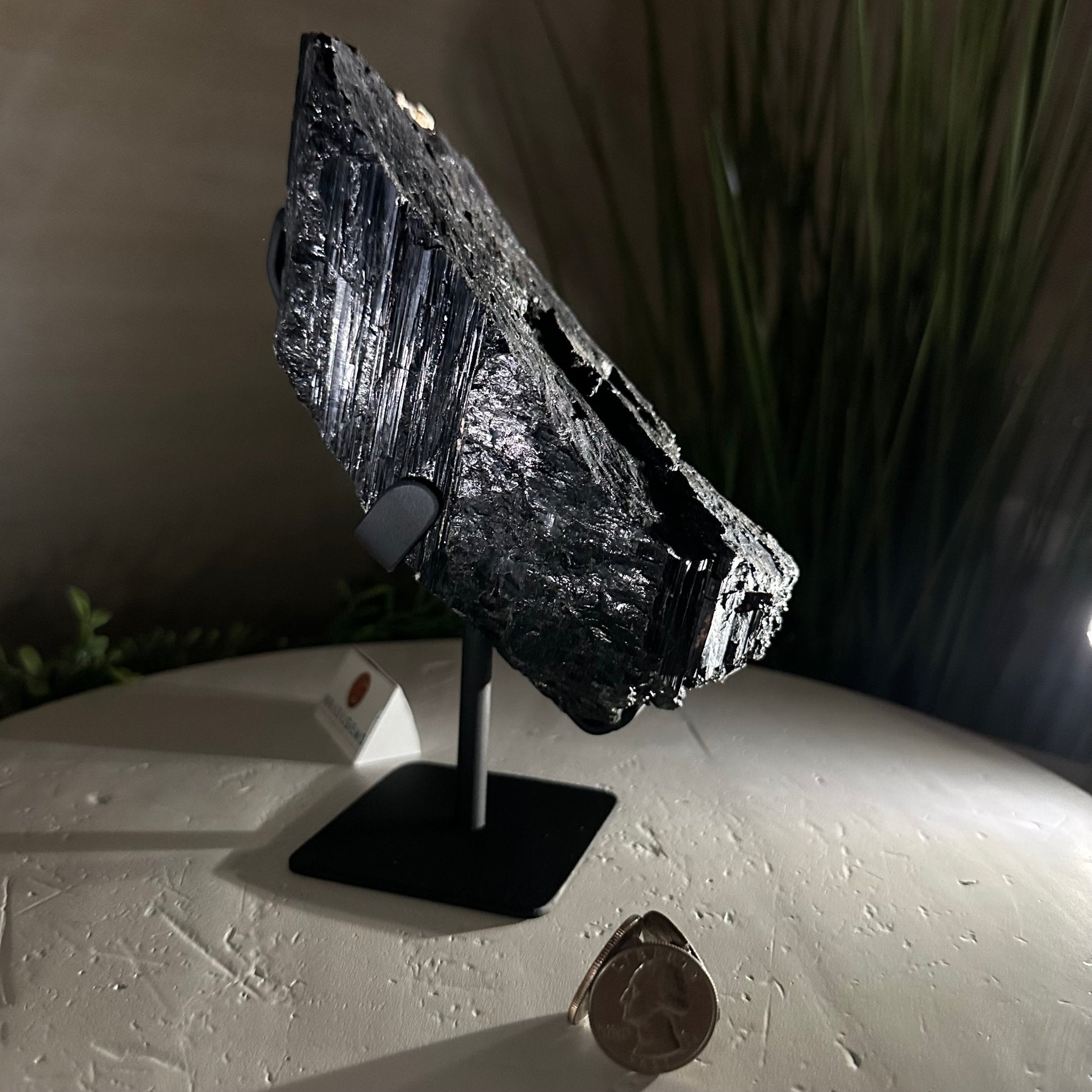 Black Tourmaline Cluster on a Metal Stand, 3.9 lbs and 7.8" Tall #6020 - 0004 - Brazil GemsBrazil GemsBlack Tourmaline Cluster on a Metal Stand, 3.9 lbs and 7.8" Tall #6020 - 0004Clusters on Wood Bases6020 - 0004