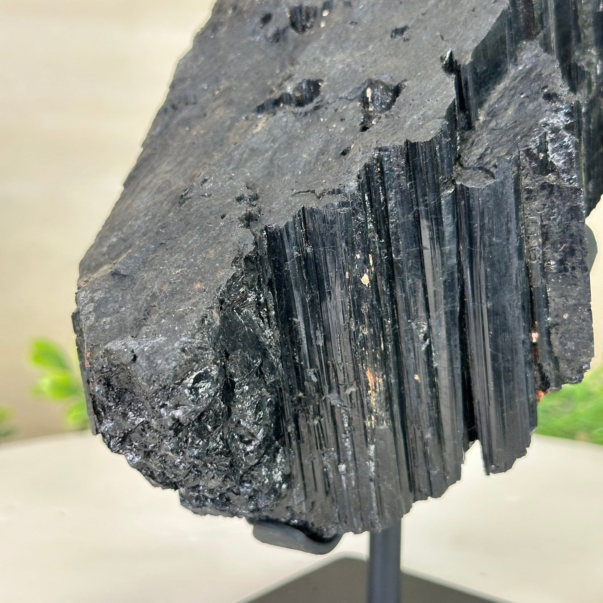 Black Tourmaline Cluster on a Metal Stand, 3.9 lbs and 7.8" Tall #6020 - 0004 - Brazil GemsBrazil GemsBlack Tourmaline Cluster on a Metal Stand, 3.9 lbs and 7.8" Tall #6020 - 0004Clusters on Wood Bases6020 - 0004