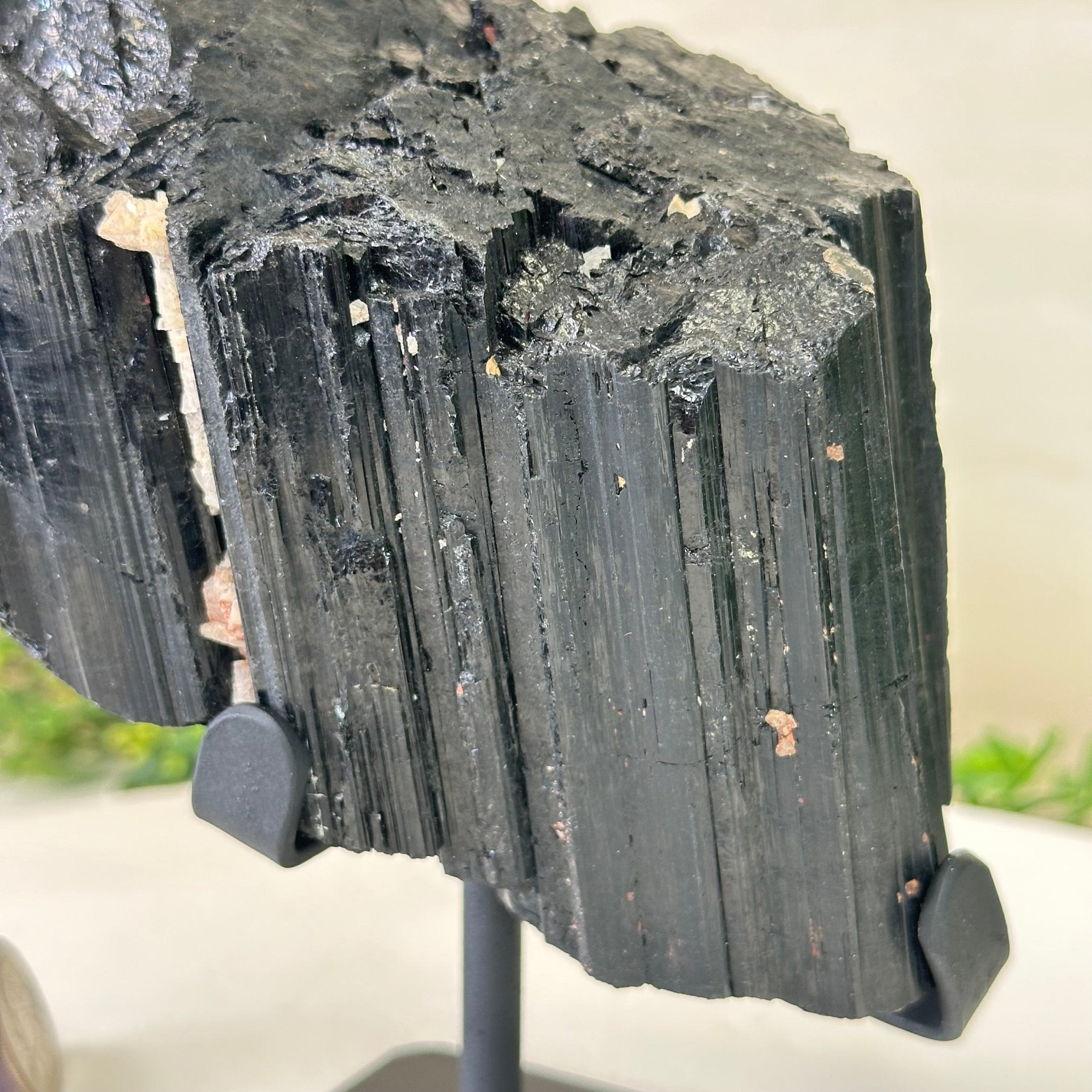 Black Tourmaline Cluster on a Metal Stand, 4.3 lbs and 7" Tall #6020 - 0005 - Brazil GemsBrazil GemsBlack Tourmaline Cluster on a Metal Stand, 4.3 lbs and 7" Tall #6020 - 0005Clusters on Wood Bases6020 - 0005