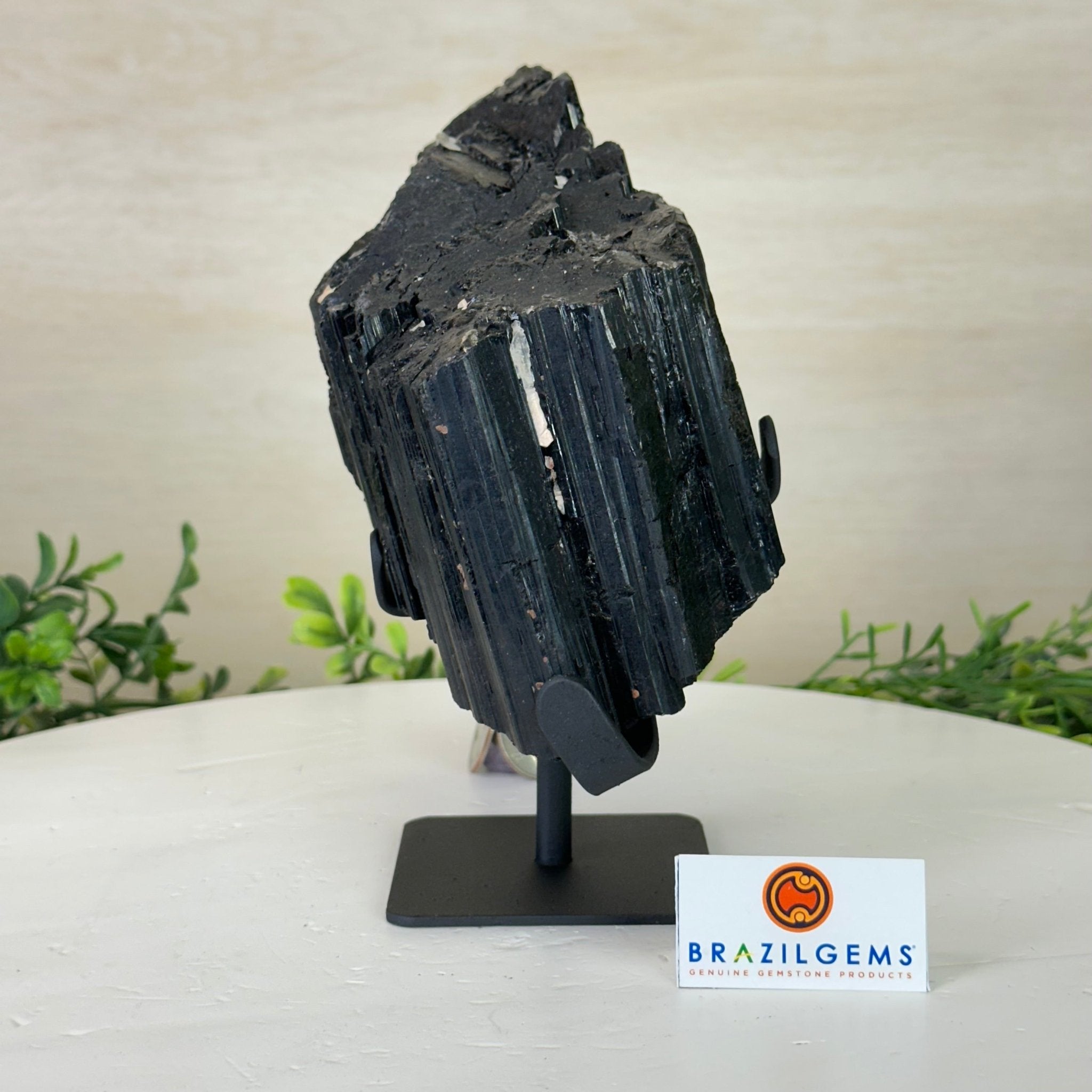 Black Tourmaline Cluster on a Metal Stand, 4.3 lbs and 7" Tall #6020 - 0005 - Brazil GemsBrazil GemsBlack Tourmaline Cluster on a Metal Stand, 4.3 lbs and 7" Tall #6020 - 0005Clusters on Wood Bases6020 - 0005