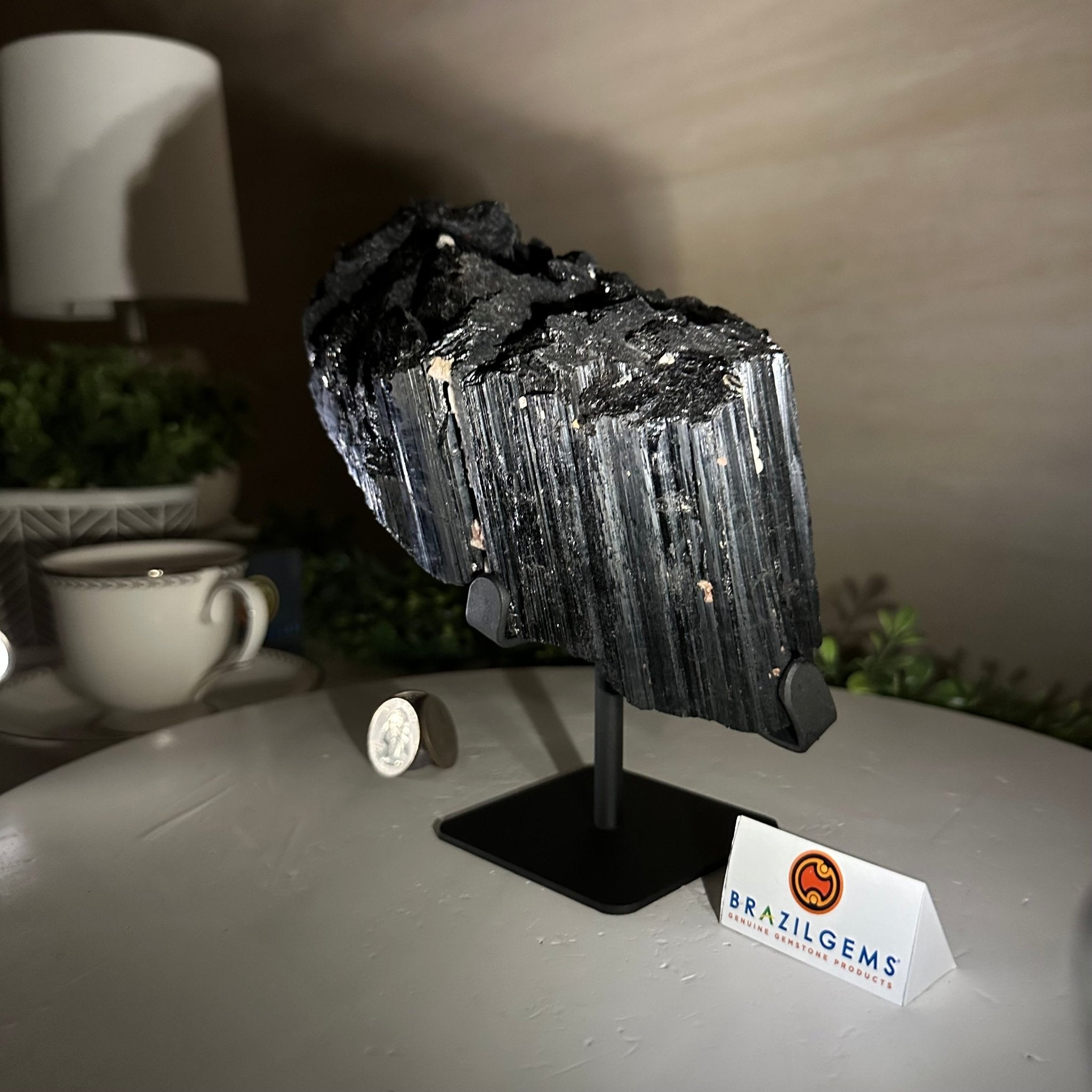 Black Tourmaline Cluster on a Metal Stand, 4.3 lbs and 7" Tall #6020 - 0005 - Brazil GemsBrazil GemsBlack Tourmaline Cluster on a Metal Stand, 4.3 lbs and 7" Tall #6020 - 0005Clusters on Wood Bases6020 - 0005