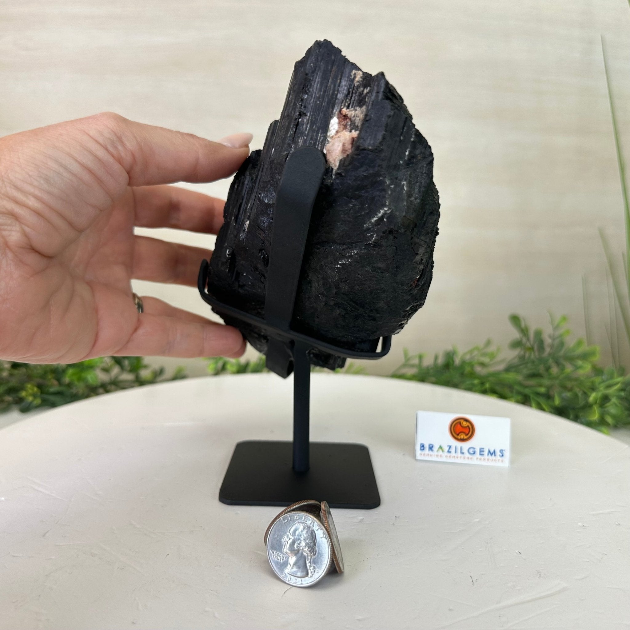 Black Tourmaline Cluster on a Metal Stand, 4.3 lbs and 7" Tall #6020 - 0005 - Brazil GemsBrazil GemsBlack Tourmaline Cluster on a Metal Stand, 4.3 lbs and 7" Tall #6020 - 0005Clusters on Wood Bases6020 - 0005