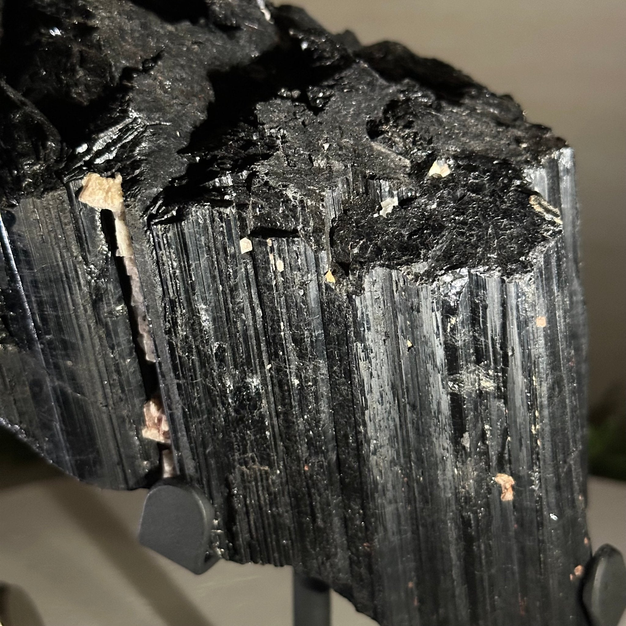 Black Tourmaline Cluster on a Metal Stand, 4.3 lbs and 7" Tall #6020 - 0005 - Brazil GemsBrazil GemsBlack Tourmaline Cluster on a Metal Stand, 4.3 lbs and 7" Tall #6020 - 0005Clusters on Wood Bases6020 - 0005