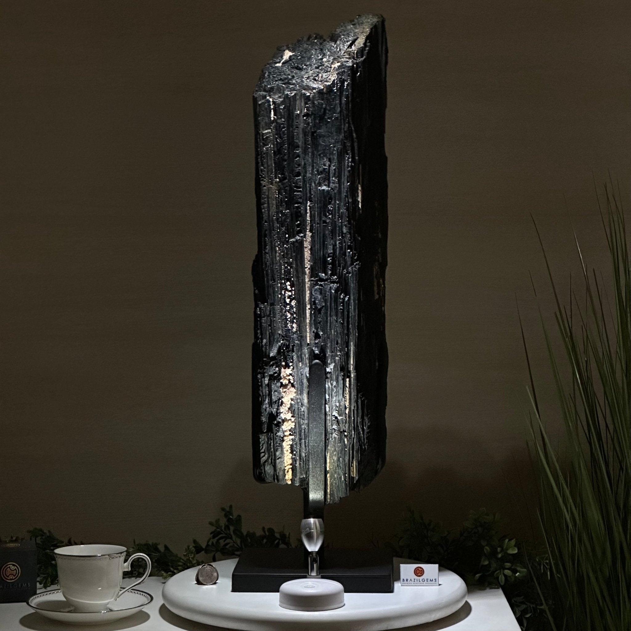 Black Tourmaline Cluster on a Metal Stand, 51.8 lbs and 27" Tall 6020 - 0009 - Brazil GemsBrazil GemsBlack Tourmaline Cluster on a Metal Stand, 51.8 lbs and 27" Tall 6020 - 0009Clusters on Wood Bases6020 - 0009