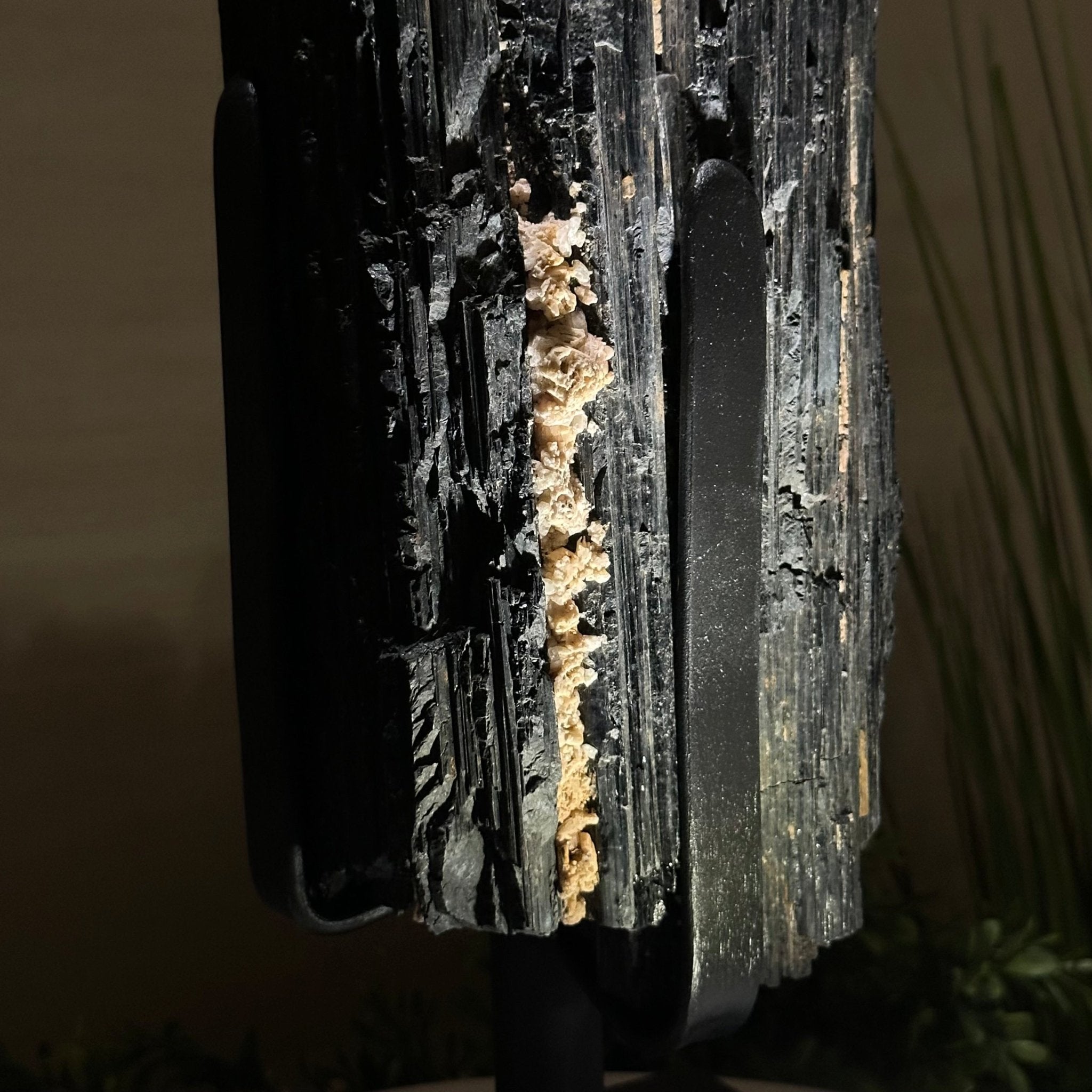 Black Tourmaline Cluster on a Metal Stand, 51.8 lbs and 27" Tall 6020 - 0009 - Brazil GemsBrazil GemsBlack Tourmaline Cluster on a Metal Stand, 51.8 lbs and 27" Tall 6020 - 0009Clusters on Wood Bases6020 - 0009