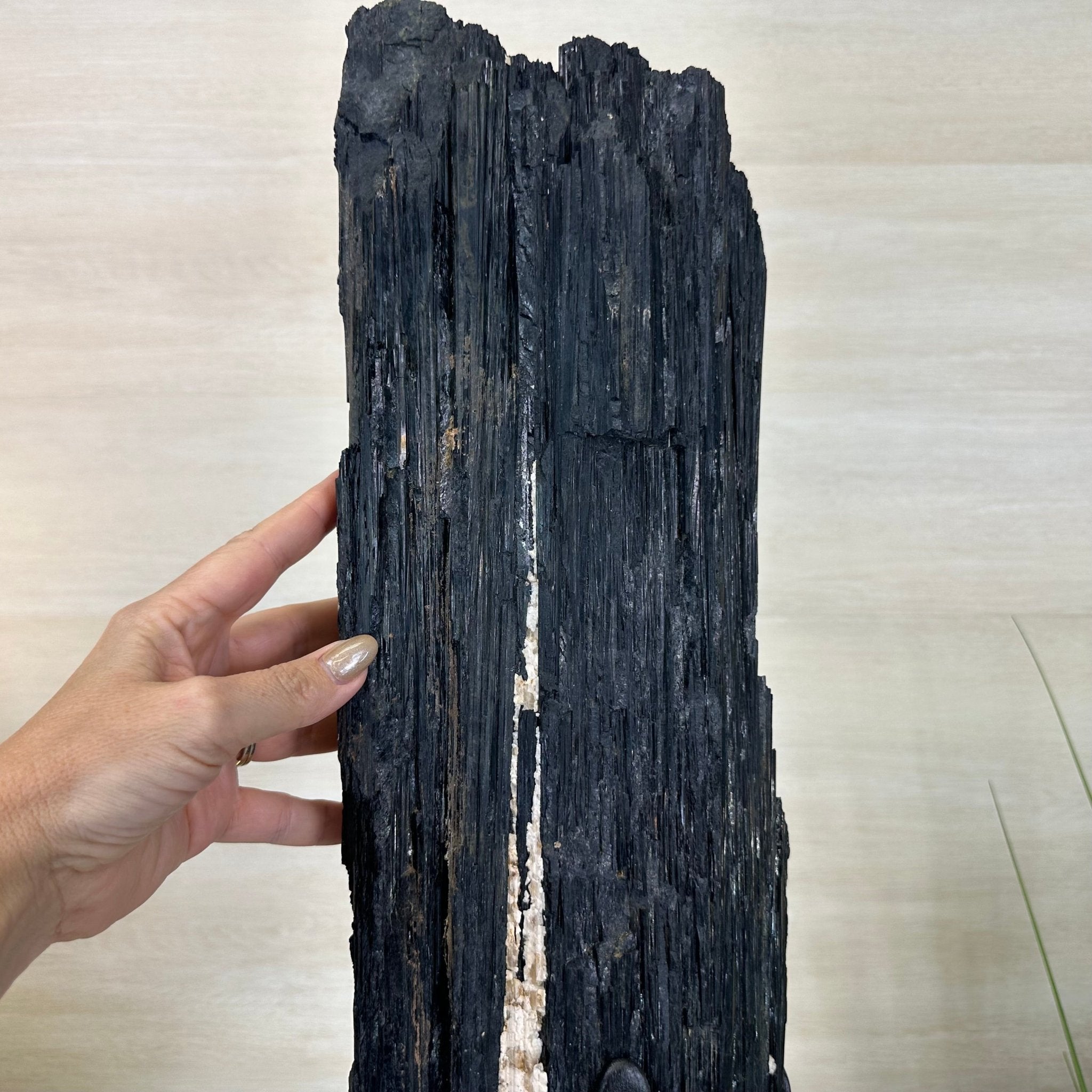 Black Tourmaline Cluster on a Metal Stand, 51.8 lbs and 27" Tall 6020 - 0009 - Brazil GemsBrazil GemsBlack Tourmaline Cluster on a Metal Stand, 51.8 lbs and 27" Tall 6020 - 0009Clusters on Wood Bases6020 - 0009