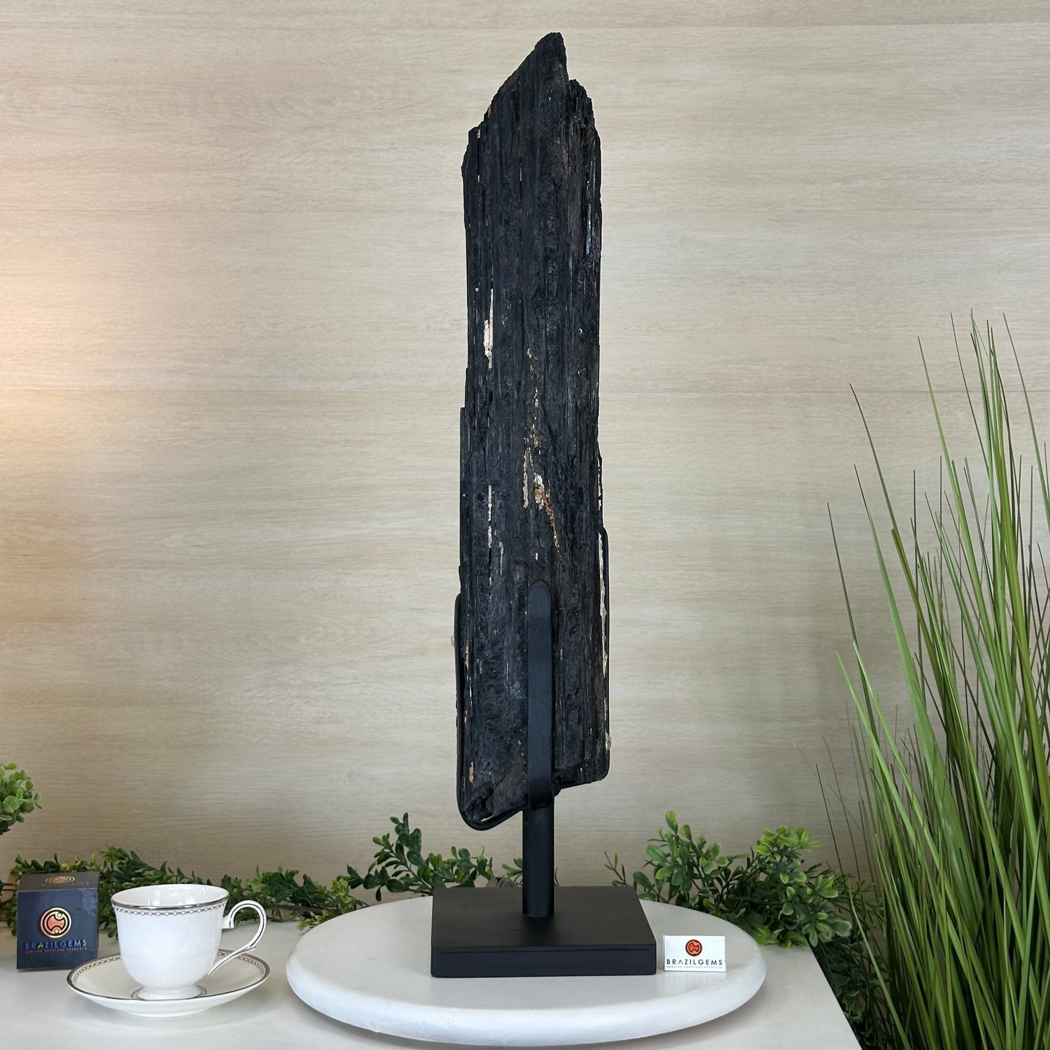 Black Tourmaline Cluster on a Metal Stand, 51.8 lbs and 27" Tall 6020 - 0009 - Brazil GemsBrazil GemsBlack Tourmaline Cluster on a Metal Stand, 51.8 lbs and 27" Tall 6020 - 0009Clusters on Wood Bases6020 - 0009