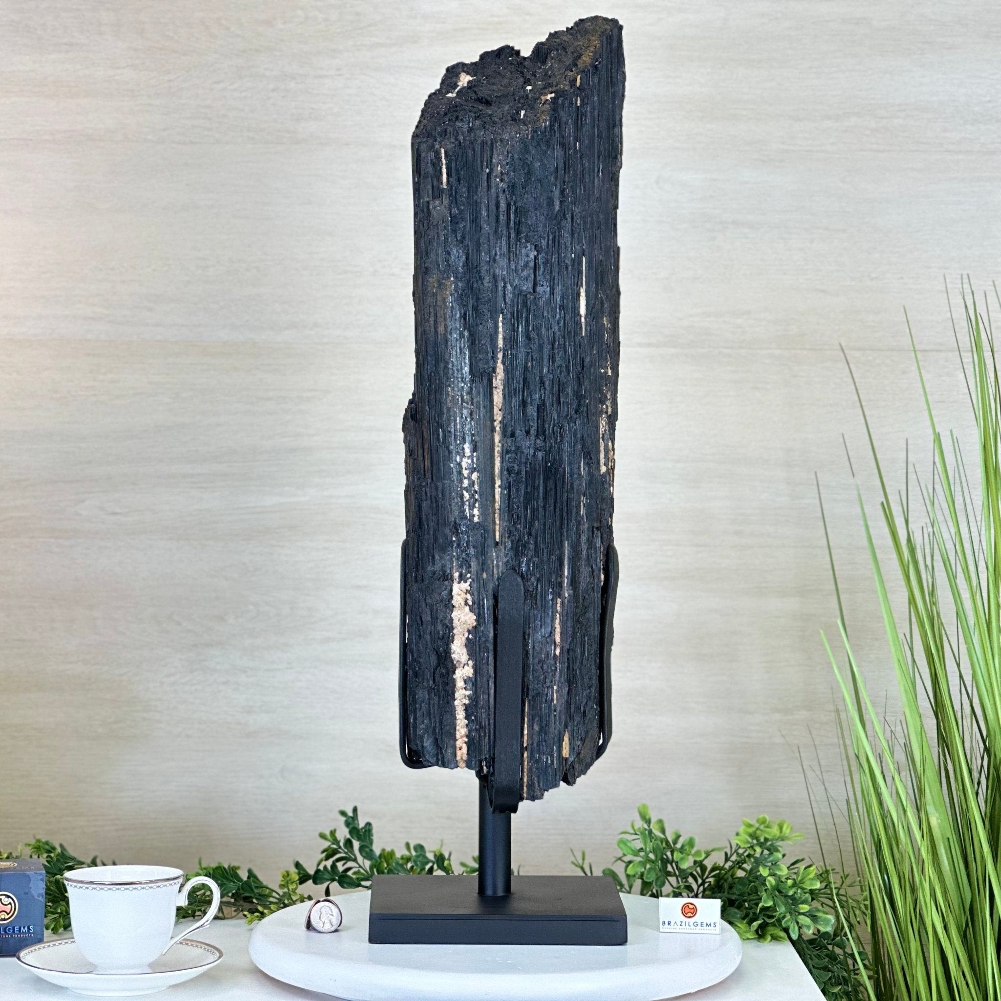 Black Tourmaline Cluster on a Metal Stand, 51.8 lbs and 27" Tall 6020 - 0009 - Brazil GemsBrazil GemsBlack Tourmaline Cluster on a Metal Stand, 51.8 lbs and 27" Tall 6020 - 0009Clusters on Wood Bases6020 - 0009