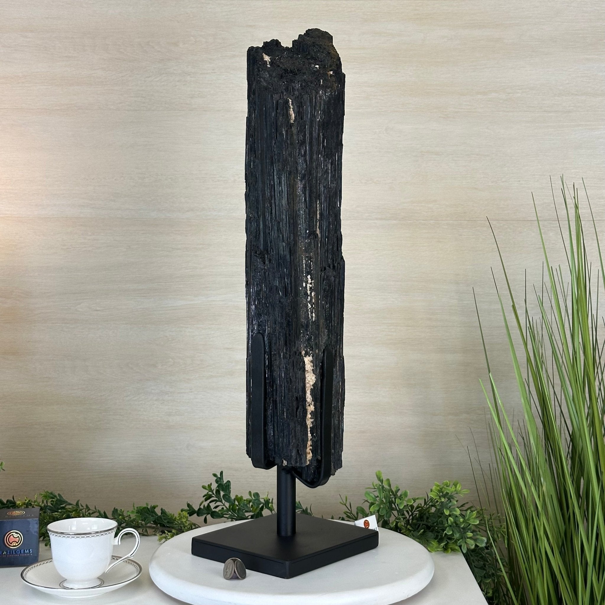 Black Tourmaline Cluster on a Metal Stand, 51.8 lbs and 27" Tall 6020 - 0009 - Brazil GemsBrazil GemsBlack Tourmaline Cluster on a Metal Stand, 51.8 lbs and 27" Tall 6020 - 0009Clusters on Wood Bases6020 - 0009
