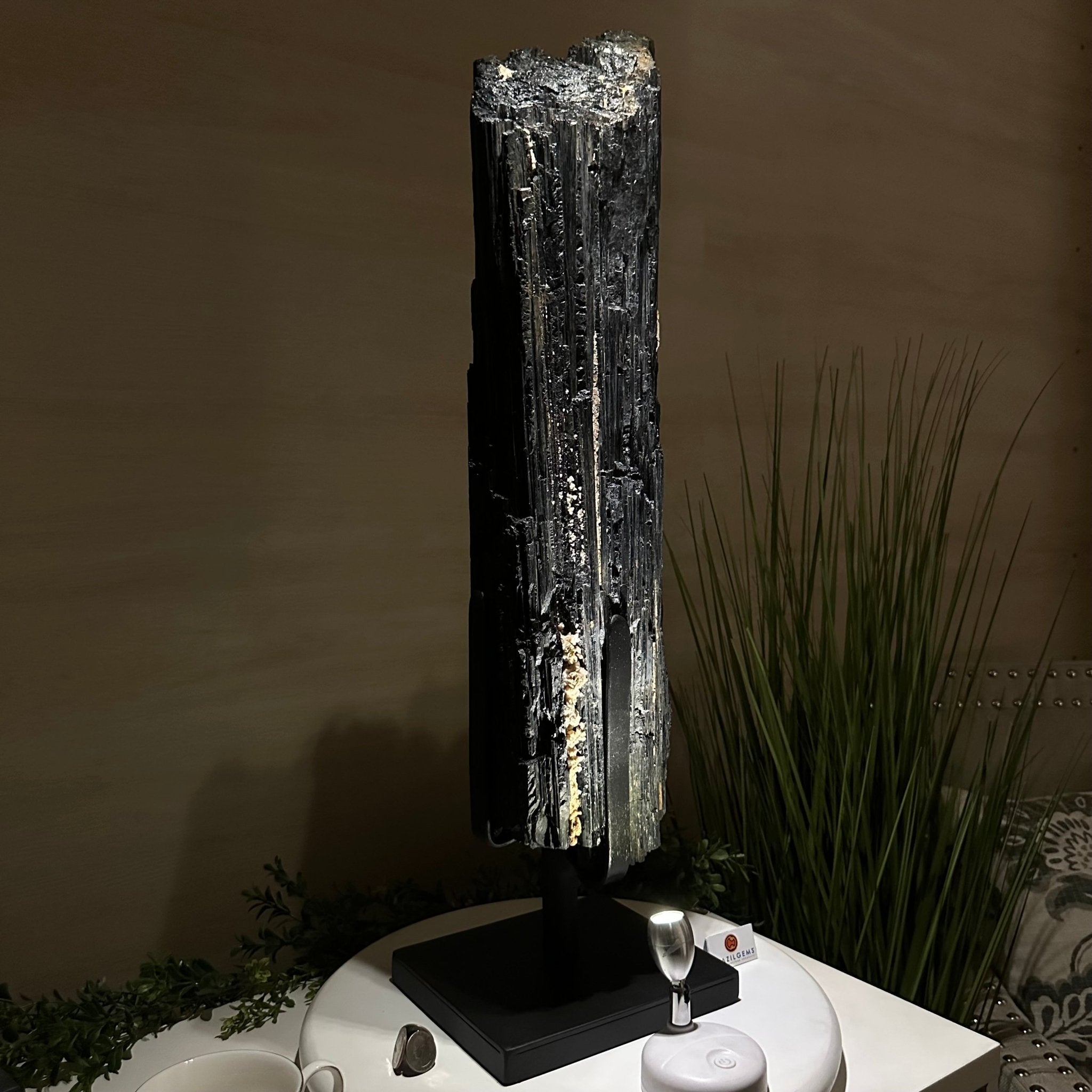 Black Tourmaline Cluster on a Metal Stand, 51.8 lbs and 27" Tall 6020 - 0009 - Brazil GemsBrazil GemsBlack Tourmaline Cluster on a Metal Stand, 51.8 lbs and 27" Tall 6020 - 0009Clusters on Wood Bases6020 - 0009