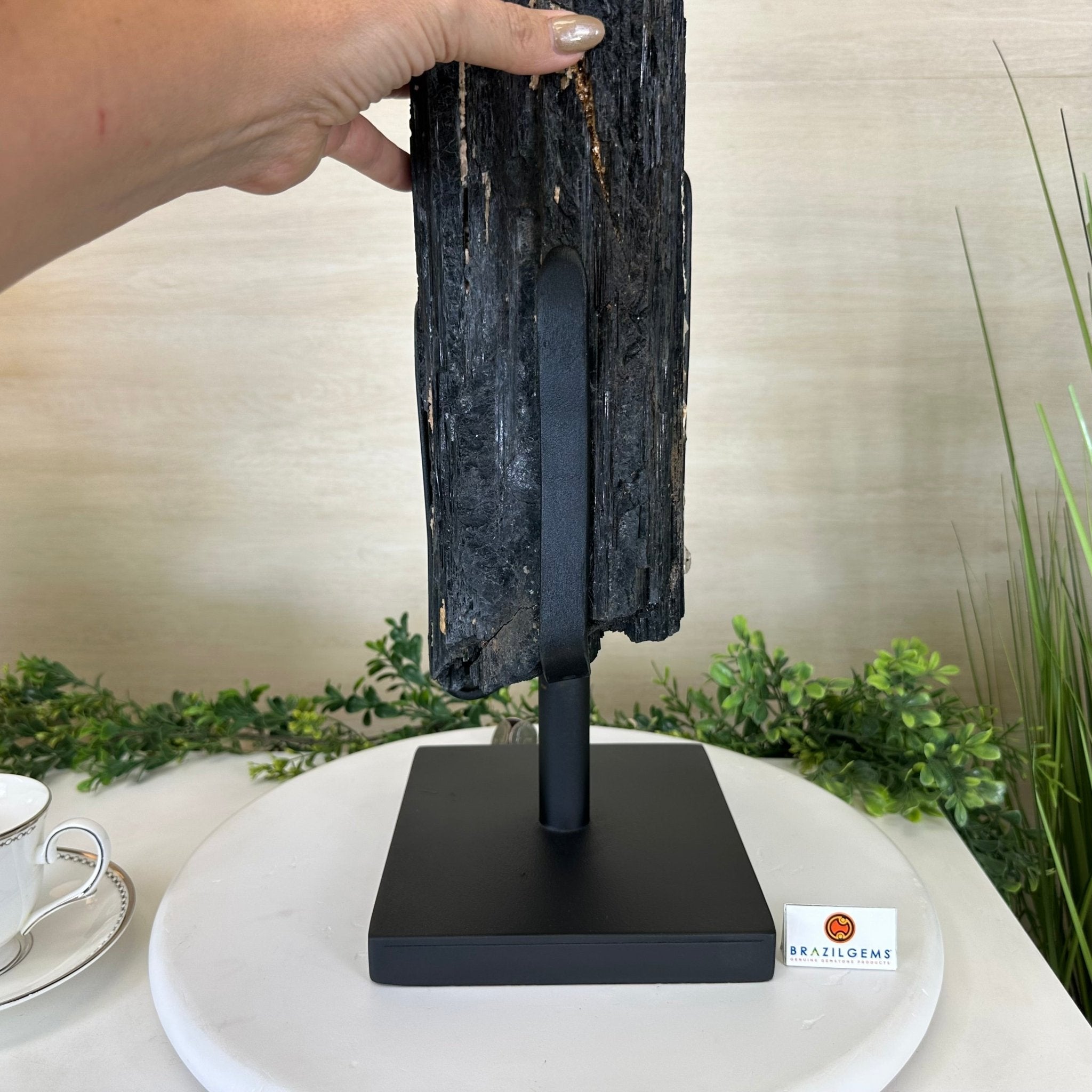 Black Tourmaline Cluster on a Metal Stand, 51.8 lbs and 27" Tall 6020 - 0009 - Brazil GemsBrazil GemsBlack Tourmaline Cluster on a Metal Stand, 51.8 lbs and 27" Tall 6020 - 0009Clusters on Wood Bases6020 - 0009