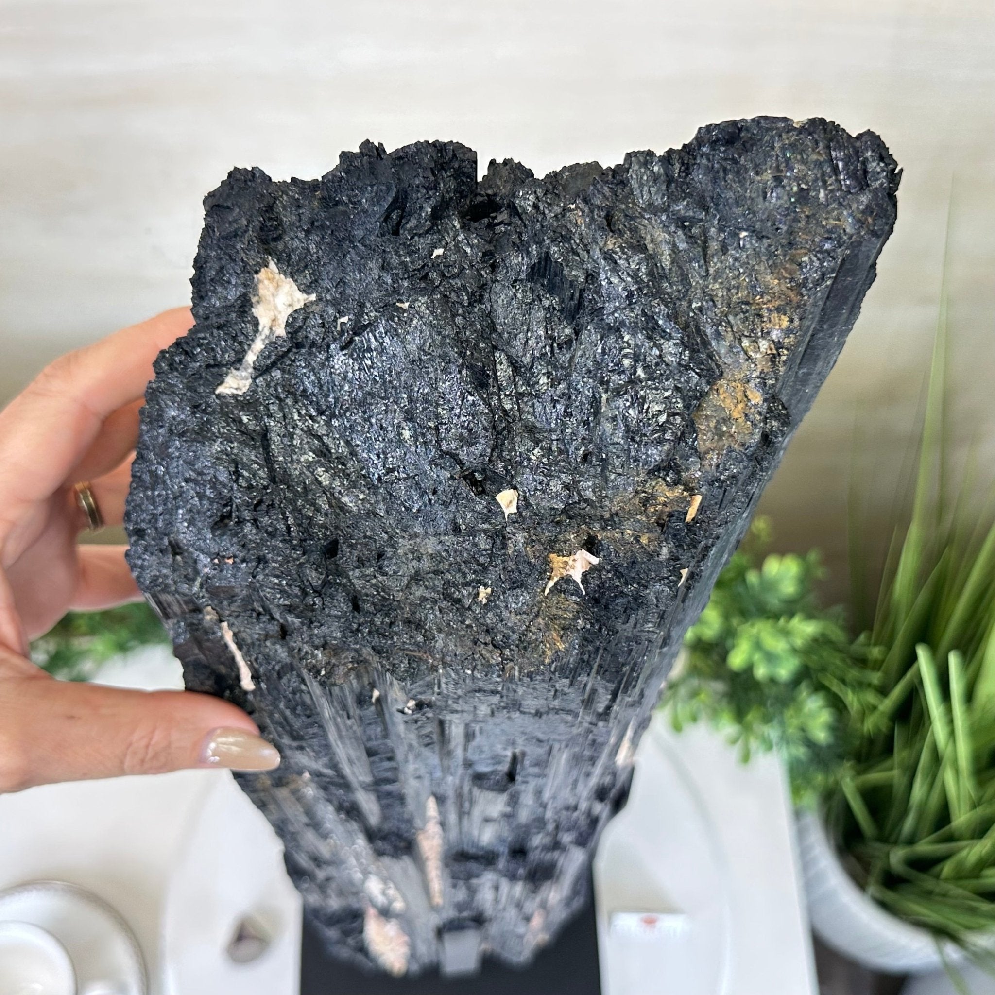 Black Tourmaline Cluster on a Metal Stand, 51.8 lbs and 27" Tall 6020 - 0009 - Brazil GemsBrazil GemsBlack Tourmaline Cluster on a Metal Stand, 51.8 lbs and 27" Tall 6020 - 0009Clusters on Wood Bases6020 - 0009