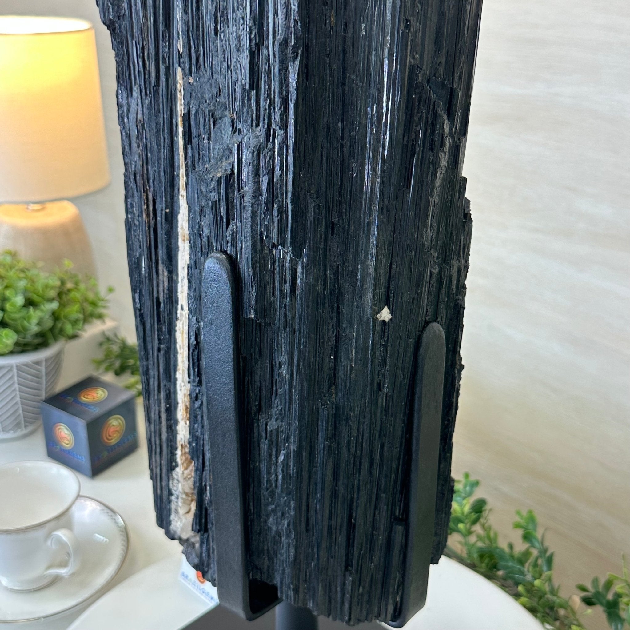 Black Tourmaline Cluster on a Metal Stand, 51.8 lbs and 27" Tall 6020 - 0009 - Brazil GemsBrazil GemsBlack Tourmaline Cluster on a Metal Stand, 51.8 lbs and 27" Tall 6020 - 0009Clusters on Wood Bases6020 - 0009