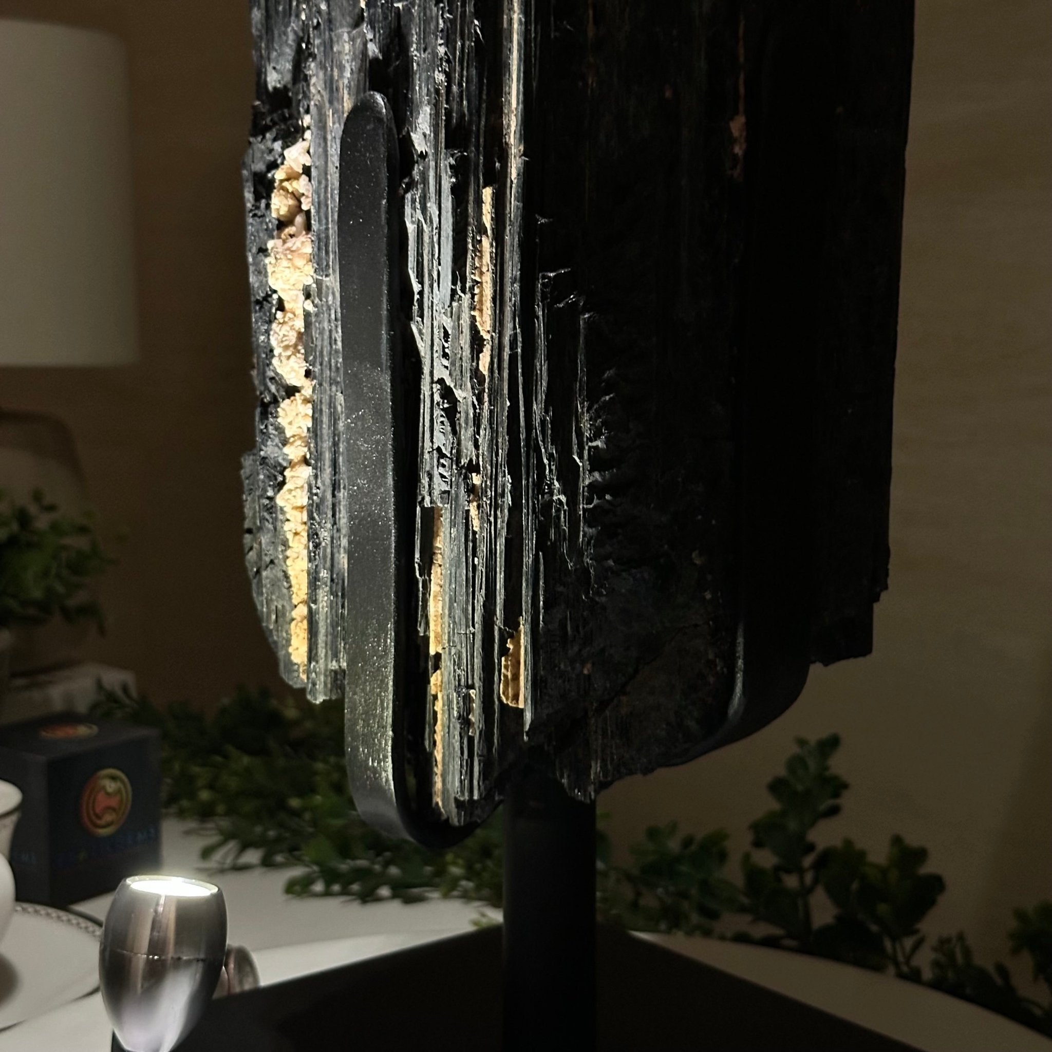Black Tourmaline Cluster on a Metal Stand, 51.8 lbs and 27" Tall 6020 - 0009 - Brazil GemsBrazil GemsBlack Tourmaline Cluster on a Metal Stand, 51.8 lbs and 27" Tall 6020 - 0009Clusters on Wood Bases6020 - 0009