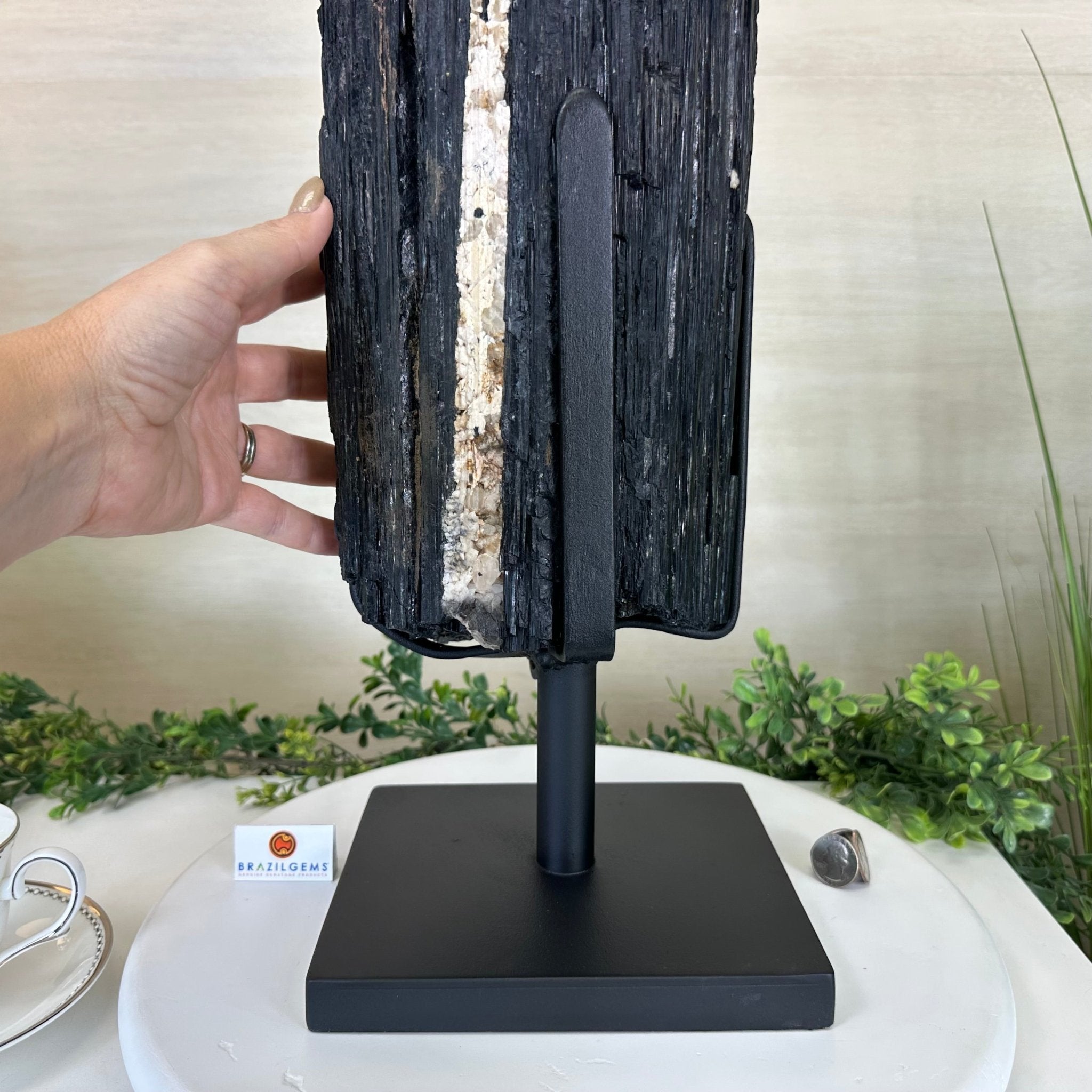 Black Tourmaline Cluster on a Metal Stand, 51.8 lbs and 27" Tall 6020 - 0009 - Brazil GemsBrazil GemsBlack Tourmaline Cluster on a Metal Stand, 51.8 lbs and 27" Tall 6020 - 0009Clusters on Wood Bases6020 - 0009