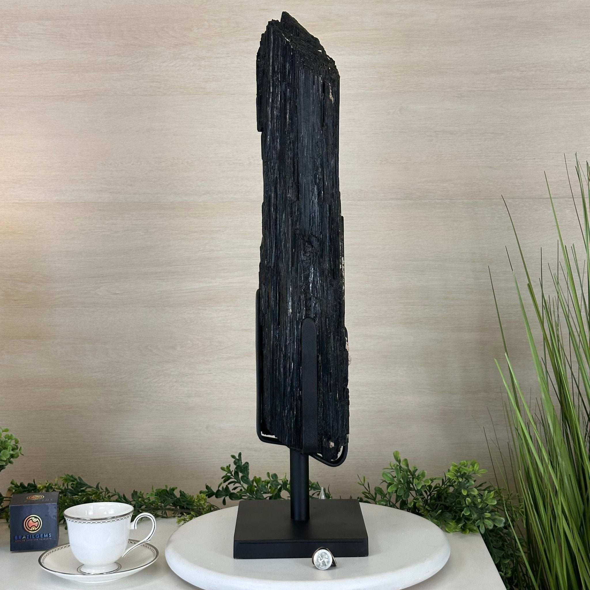 Black Tourmaline Cluster on a Metal Stand, 51.8 lbs and 27" Tall 6020 - 0009 - Brazil GemsBrazil GemsBlack Tourmaline Cluster on a Metal Stand, 51.8 lbs and 27" Tall 6020 - 0009Clusters on Wood Bases6020 - 0009