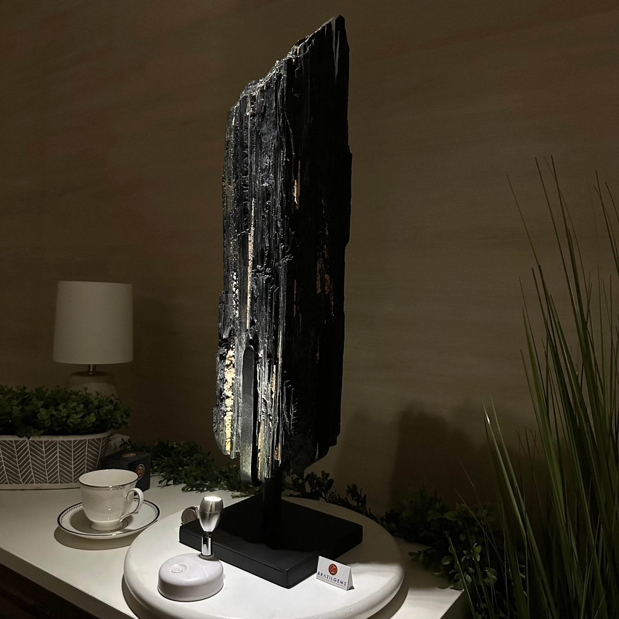 Black Tourmaline Cluster on a Metal Stand, 51.8 lbs and 27" Tall 6020 - 0009 - Brazil GemsBrazil GemsBlack Tourmaline Cluster on a Metal Stand, 51.8 lbs and 27" Tall 6020 - 0009Clusters on Wood Bases6020 - 0009