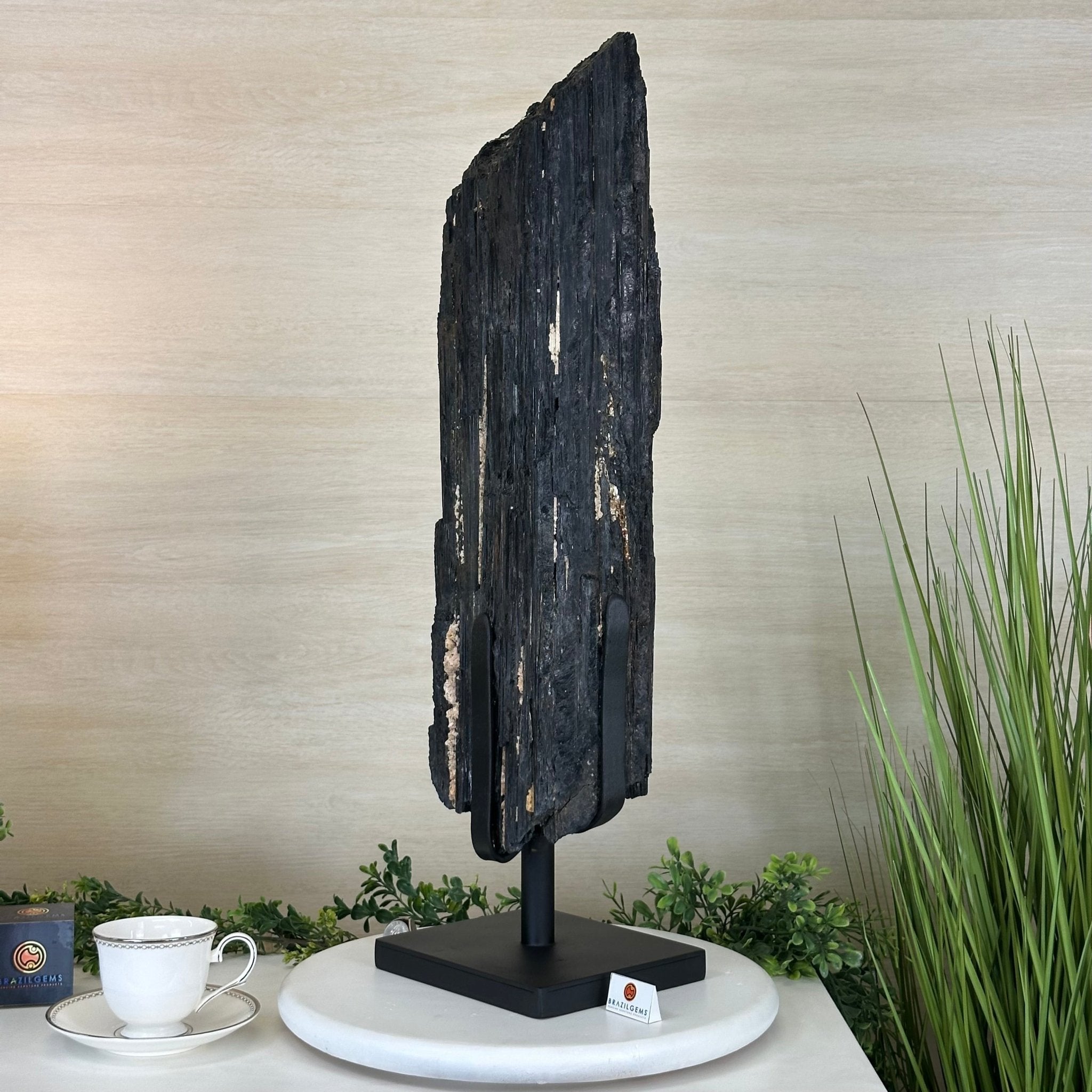 Black Tourmaline Cluster on a Metal Stand, 51.8 lbs and 27" Tall 6020 - 0009 - Brazil GemsBrazil GemsBlack Tourmaline Cluster on a Metal Stand, 51.8 lbs and 27" Tall 6020 - 0009Clusters on Wood Bases6020 - 0009