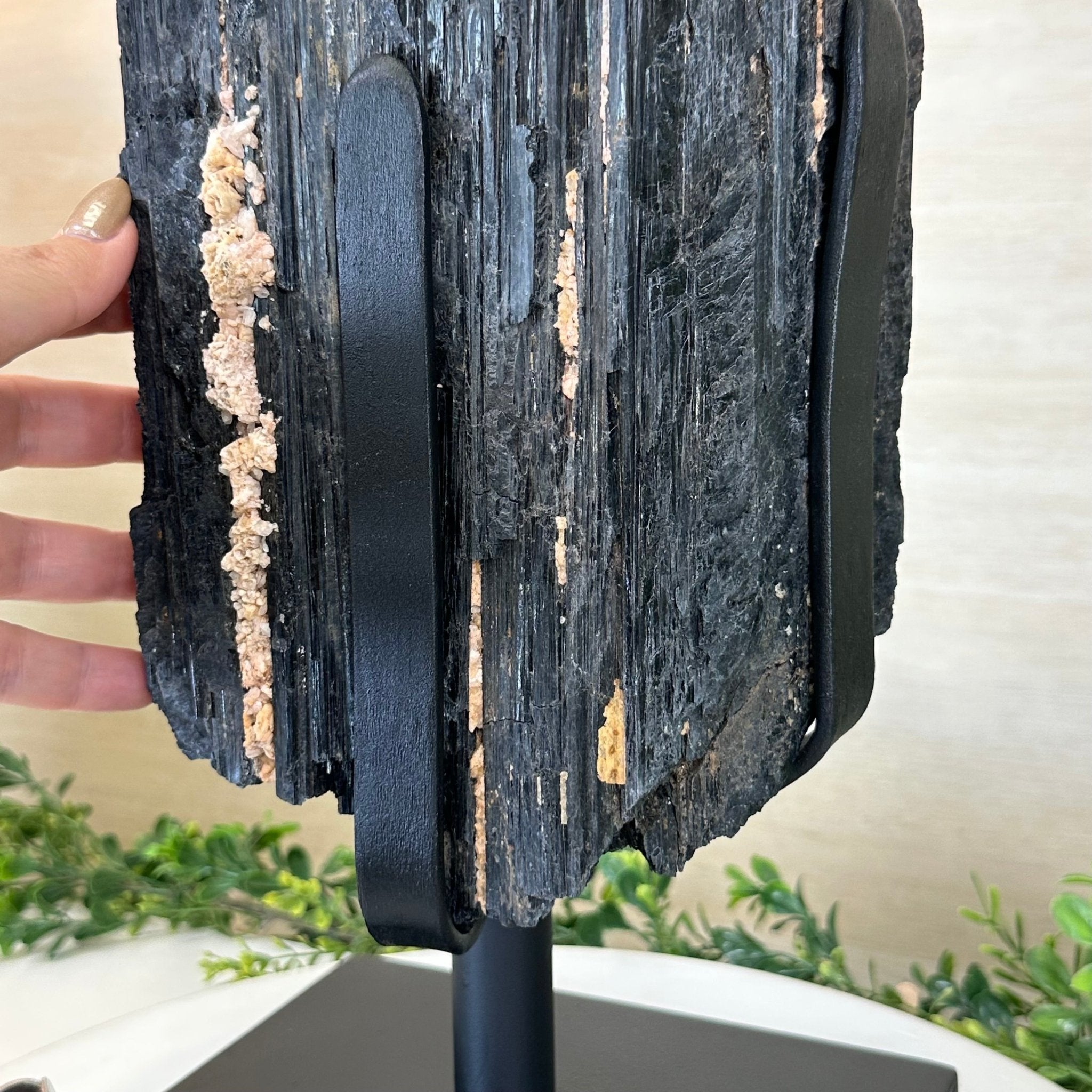 Black Tourmaline Cluster on a Metal Stand, 51.8 lbs and 27" Tall 6020 - 0009 - Brazil GemsBrazil GemsBlack Tourmaline Cluster on a Metal Stand, 51.8 lbs and 27" Tall 6020 - 0009Clusters on Wood Bases6020 - 0009