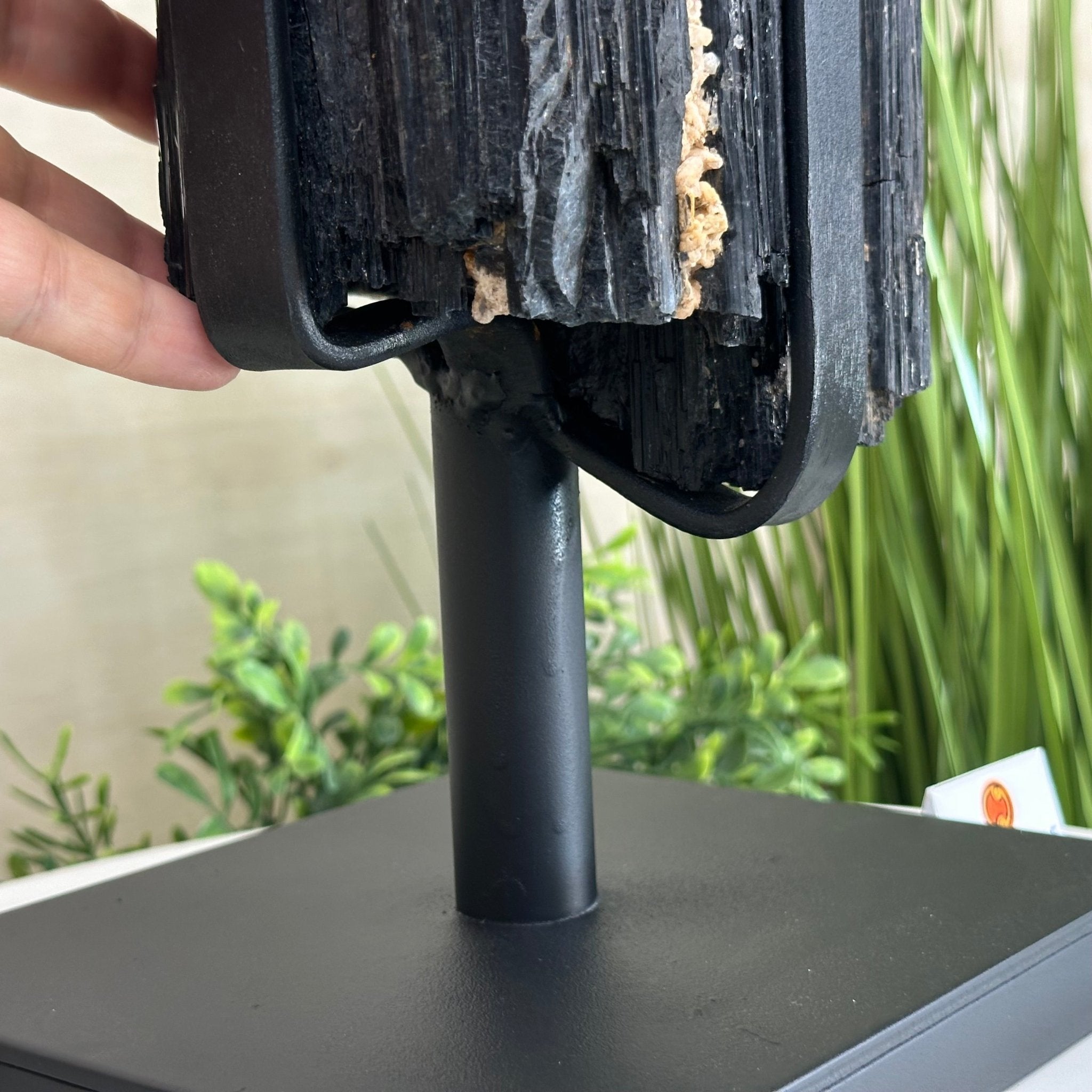 Black Tourmaline Cluster on a Metal Stand, 51.8 lbs and 27" Tall 6020 - 0009 - Brazil GemsBrazil GemsBlack Tourmaline Cluster on a Metal Stand, 51.8 lbs and 27" Tall 6020 - 0009Clusters on Wood Bases6020 - 0009