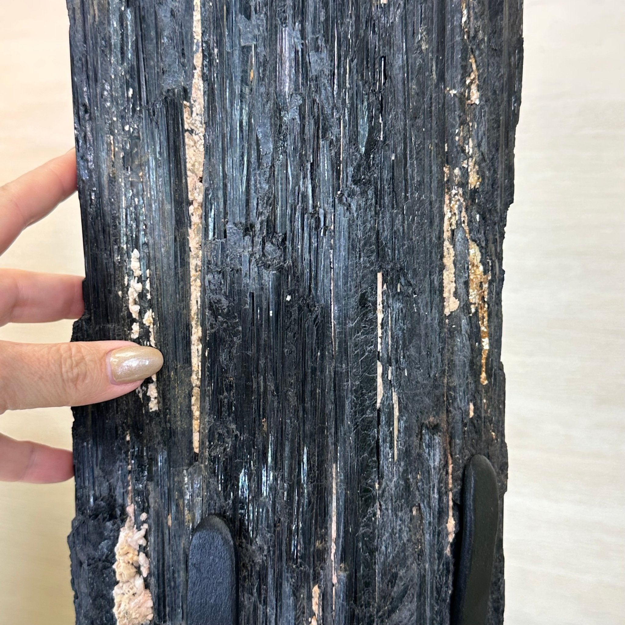 Black Tourmaline Cluster on a Metal Stand, 51.8 lbs and 27" Tall 6020 - 0009 - Brazil GemsBrazil GemsBlack Tourmaline Cluster on a Metal Stand, 51.8 lbs and 27" Tall 6020 - 0009Clusters on Wood Bases6020 - 0009