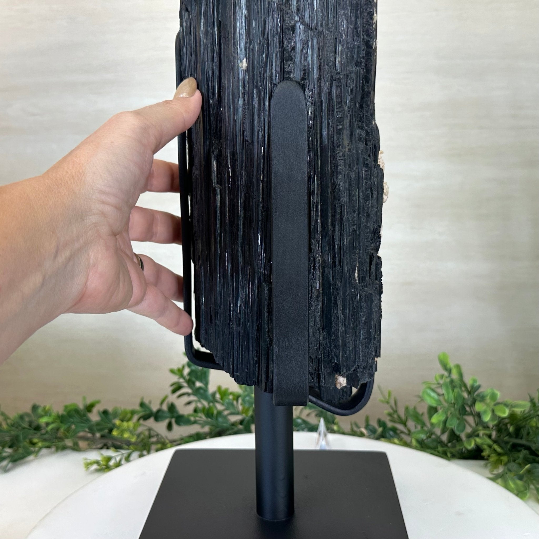 Black Tourmaline Cluster on a Metal Stand, 51.8 lbs and 27" Tall 6020 - 0009 - Brazil GemsBrazil GemsBlack Tourmaline Cluster on a Metal Stand, 51.8 lbs and 27" Tall 6020 - 0009Clusters on Wood Bases6020 - 0009