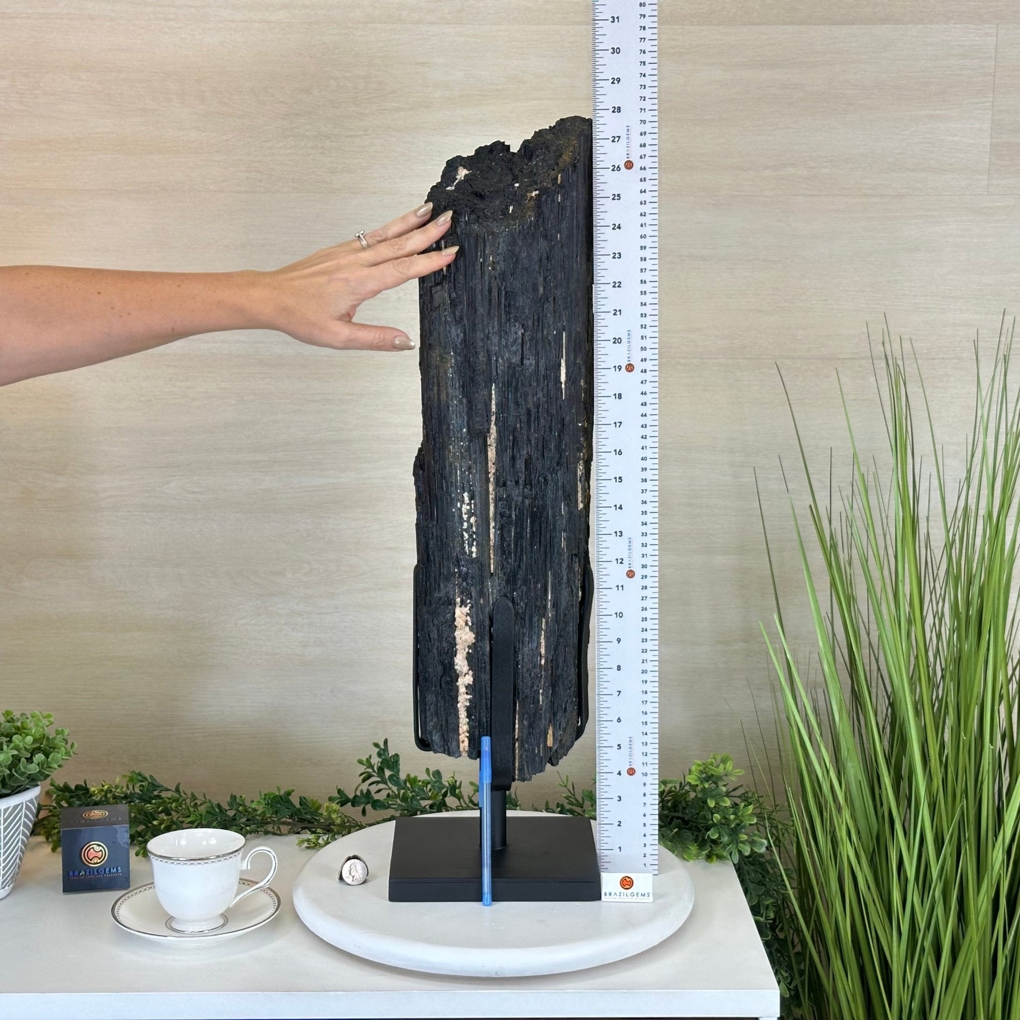 Black Tourmaline Cluster on a Metal Stand, 51.8 lbs and 27" Tall 6020 - 0009 - Brazil GemsBrazil GemsBlack Tourmaline Cluster on a Metal Stand, 51.8 lbs and 27" Tall 6020 - 0009Clusters on Wood Bases6020 - 0009