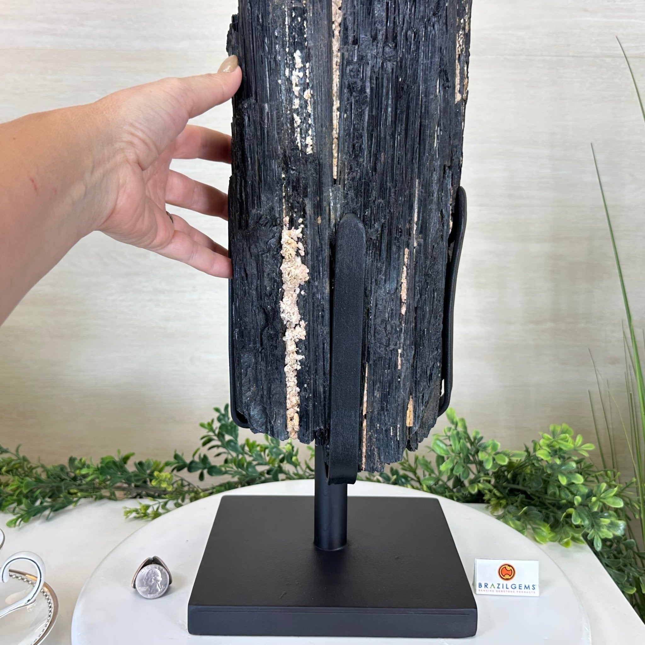 Black Tourmaline Cluster on a Metal Stand, 51.8 lbs and 27" Tall 6020 - 0009 - Brazil GemsBrazil GemsBlack Tourmaline Cluster on a Metal Stand, 51.8 lbs and 27" Tall 6020 - 0009Clusters on Wood Bases6020 - 0009