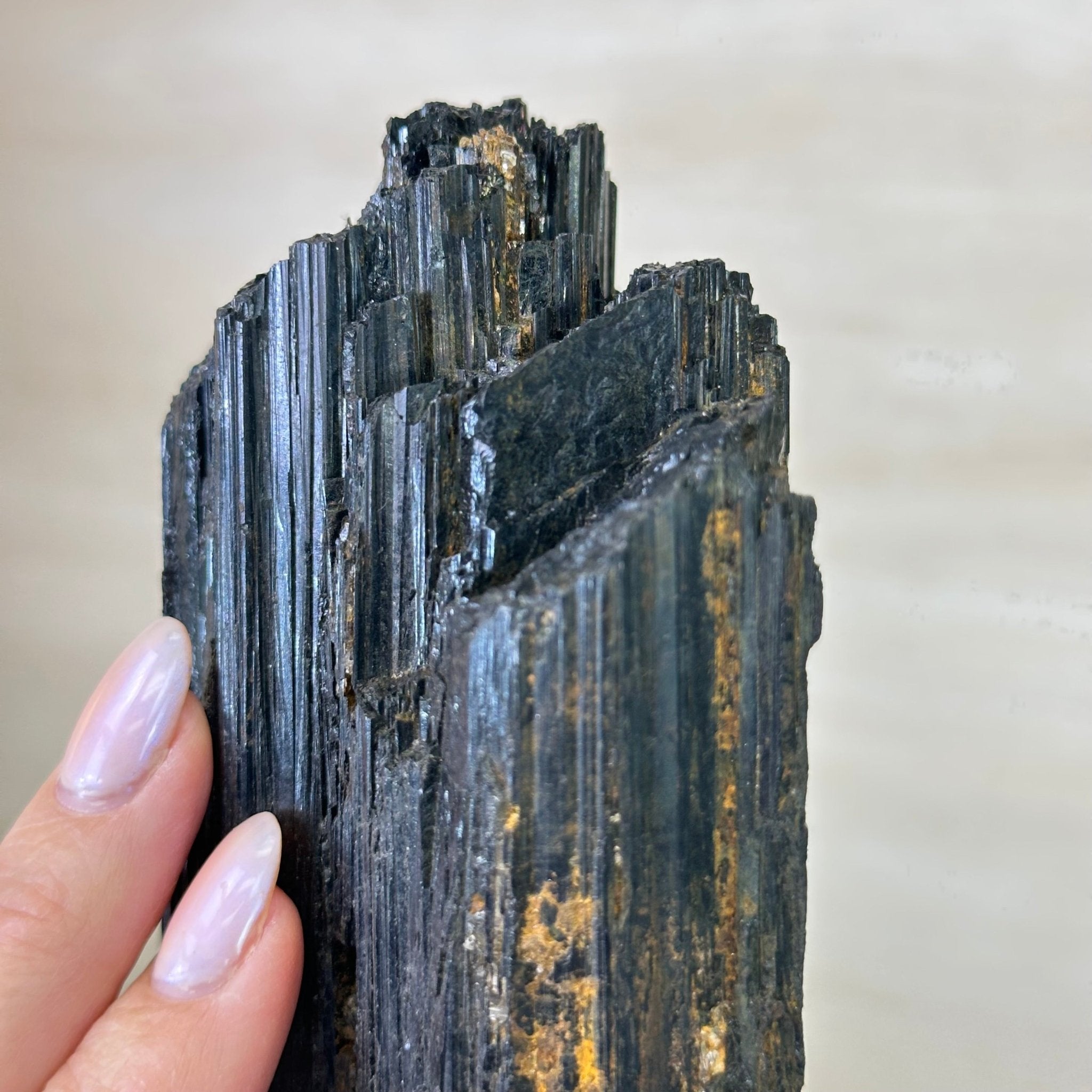 Black Tourmaline Cluster on a Metal Stand, 5.4 lbs and 12" Tall #6020 - 0006 - Brazil GemsBrazil GemsBlack Tourmaline Cluster on a Metal Stand, 5.4 lbs and 12" Tall #6020 - 0006Clusters on Wood Bases6020 - 0006