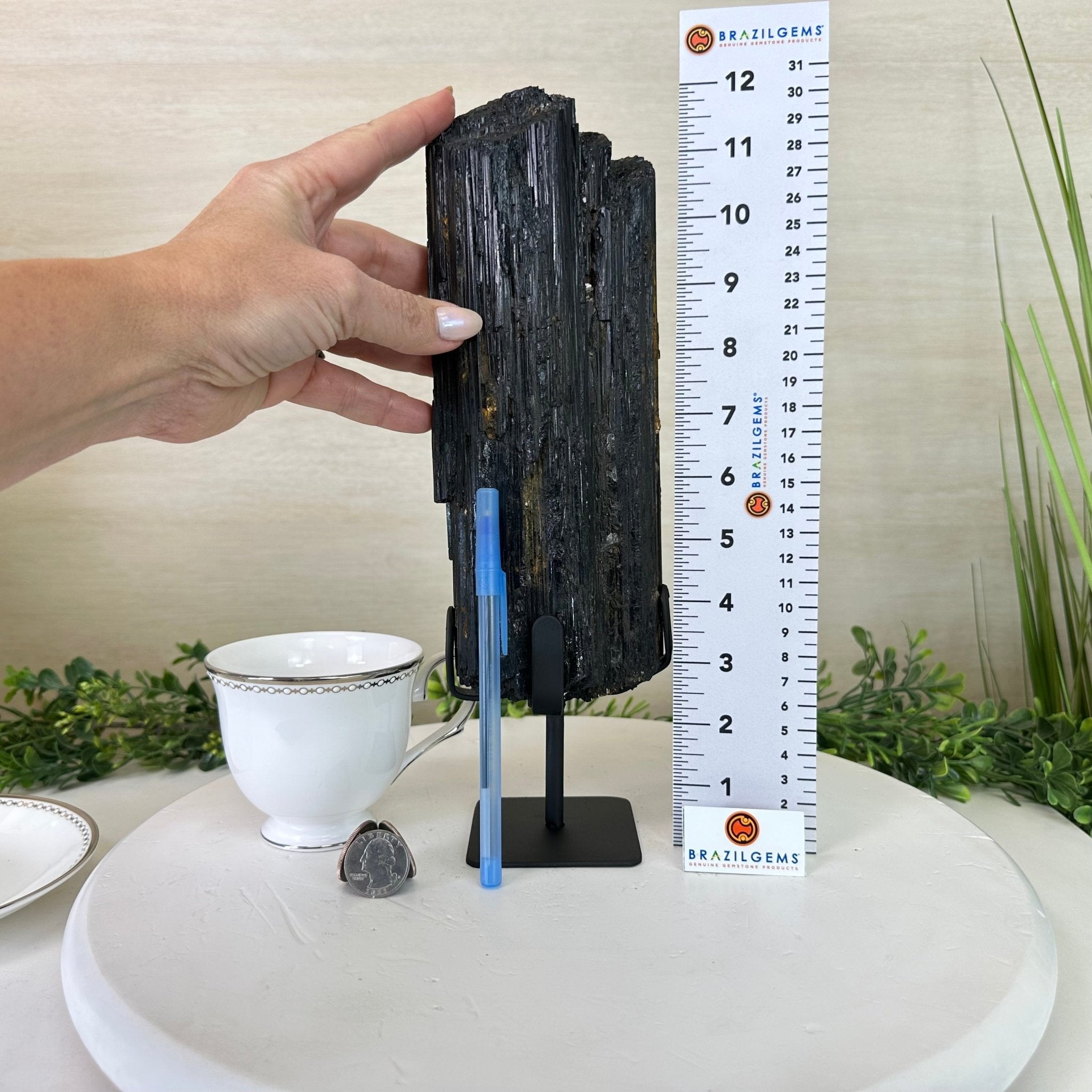 Black Tourmaline Cluster on a Metal Stand, 5.4 lbs and 12" Tall #6020 - 0006 - Brazil GemsBrazil GemsBlack Tourmaline Cluster on a Metal Stand, 5.4 lbs and 12" Tall #6020 - 0006Clusters on Wood Bases6020 - 0006