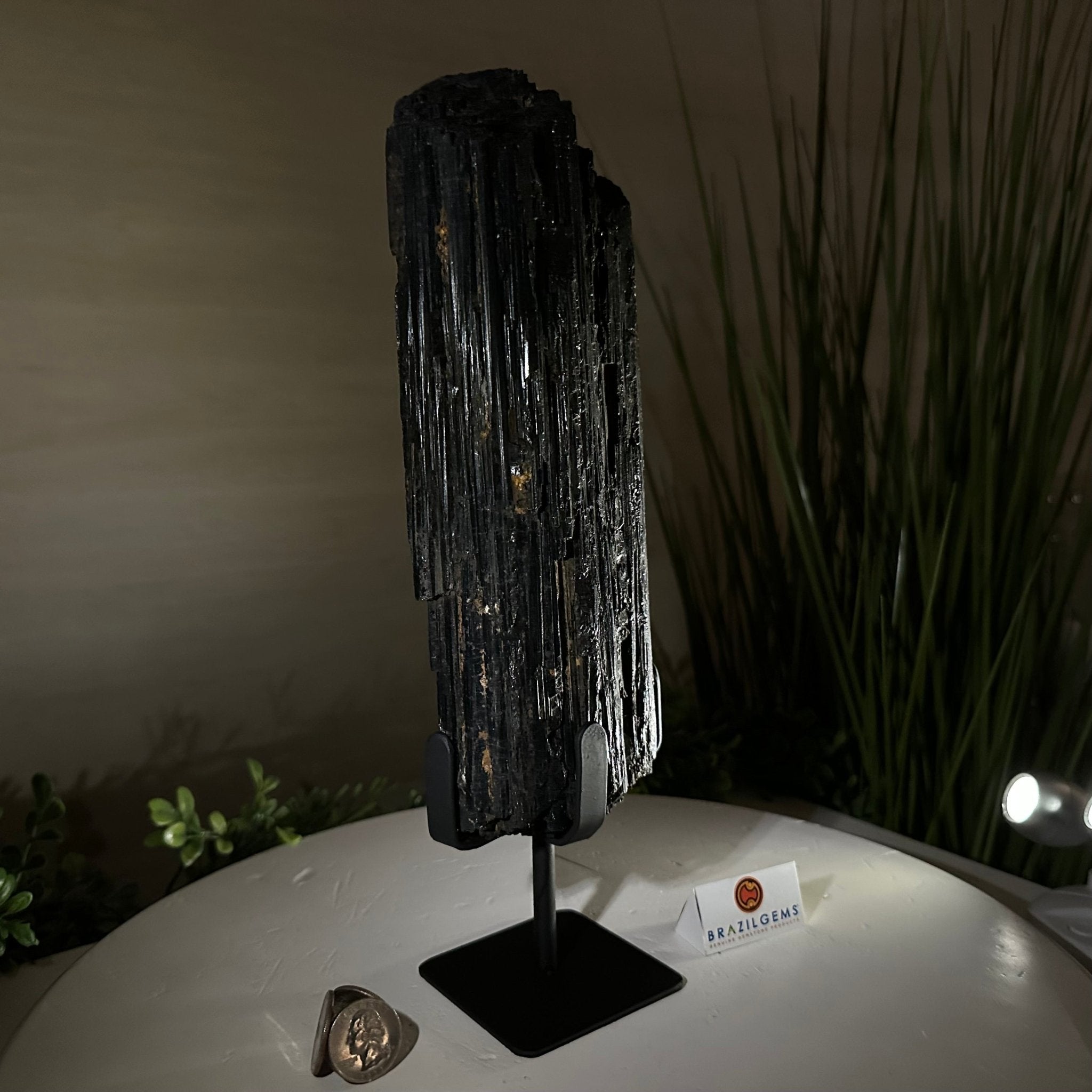 Black Tourmaline Cluster on a Metal Stand, 5.4 lbs and 12" Tall #6020 - 0006 - Brazil GemsBrazil GemsBlack Tourmaline Cluster on a Metal Stand, 5.4 lbs and 12" Tall #6020 - 0006Clusters on Wood Bases6020 - 0006
