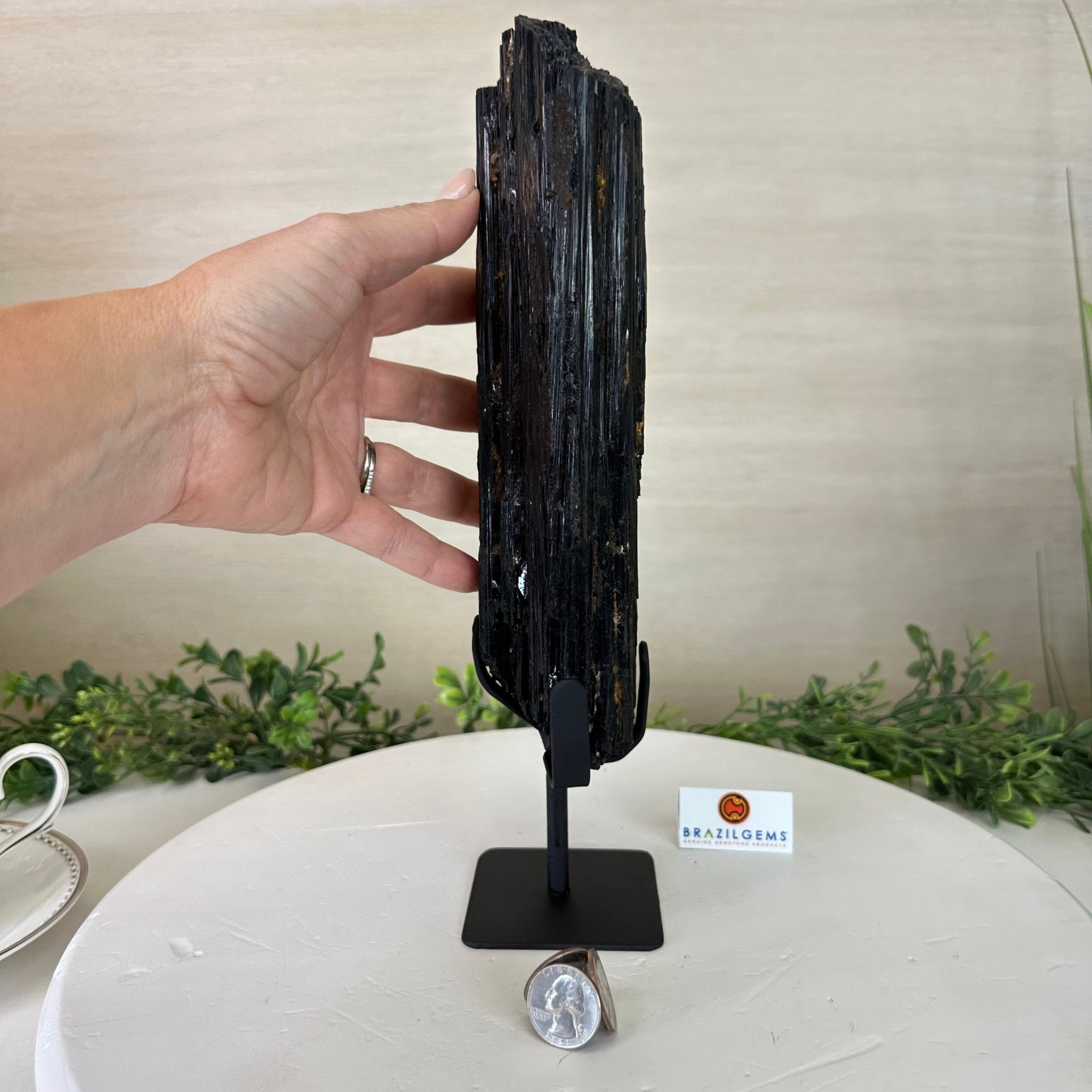 Black Tourmaline Cluster on a Metal Stand, 5.4 lbs and 12" Tall #6020 - 0006 - Brazil GemsBrazil GemsBlack Tourmaline Cluster on a Metal Stand, 5.4 lbs and 12" Tall #6020 - 0006Clusters on Wood Bases6020 - 0006