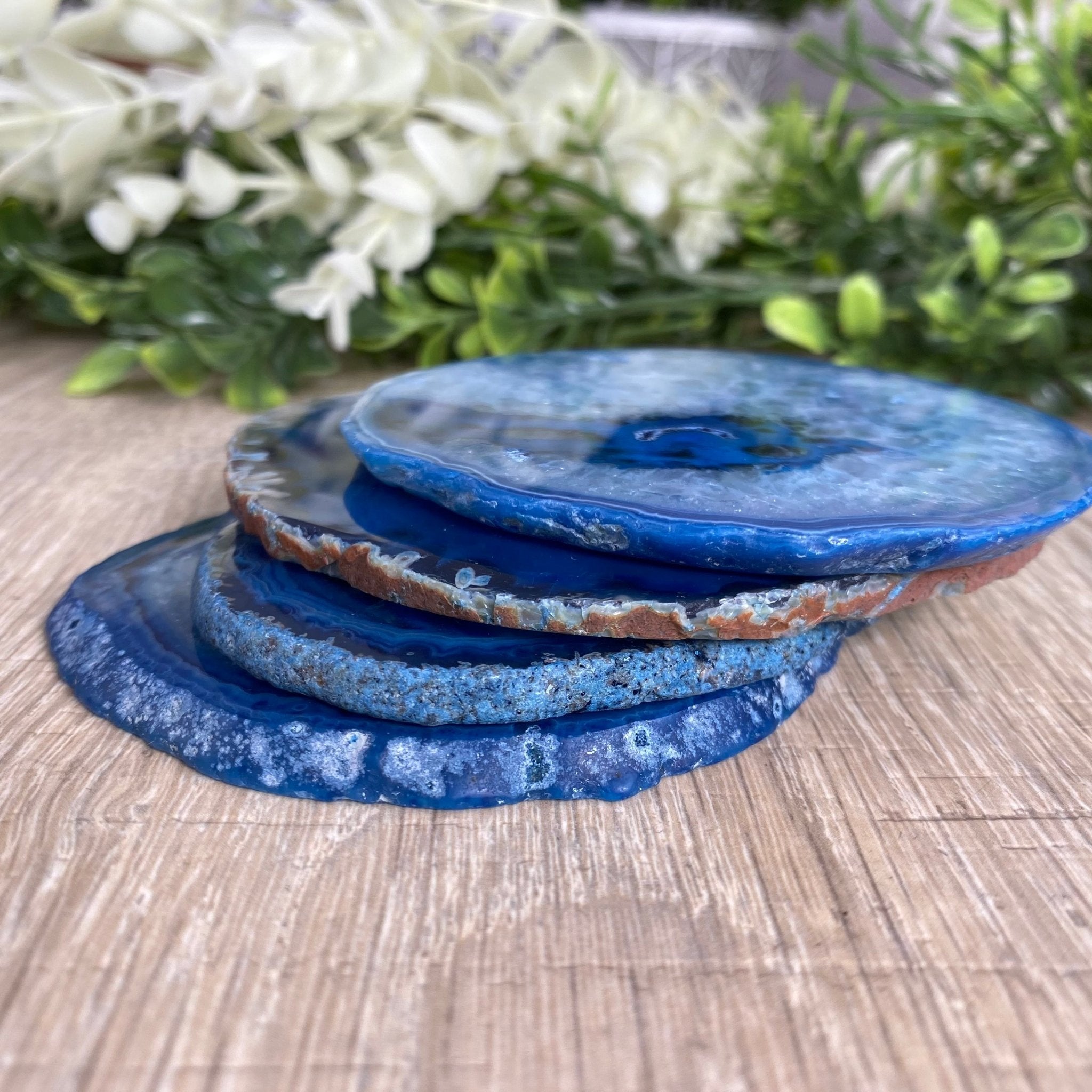 Blue Agate Coasters w/ silicone bumpers, 3.5" to 4.5" each, 4-piece set Model #5204BLUE by Brazil Gems - Brazil GemsBrazil GemsBlue Agate Coasters w/ silicone bumpers, 3.5" to 4.5" each, 4-piece set Model #5204BLUE by Brazil GemsCoaster Sets5204BLUE