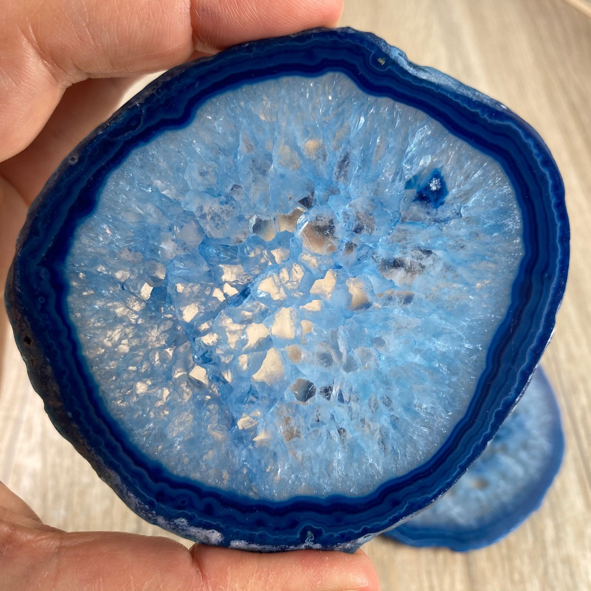 Blue Agate Coasters w/ silicone bumpers, 3.5" to 4.5" each, 4-piece set Model #5204BLUE by Brazil Gems - Brazil GemsBrazil GemsBlue Agate Coasters w/ silicone bumpers, 3.5" to 4.5" each, 4-piece set Model #5204BLUE by Brazil GemsCoaster Sets5204BLUE
