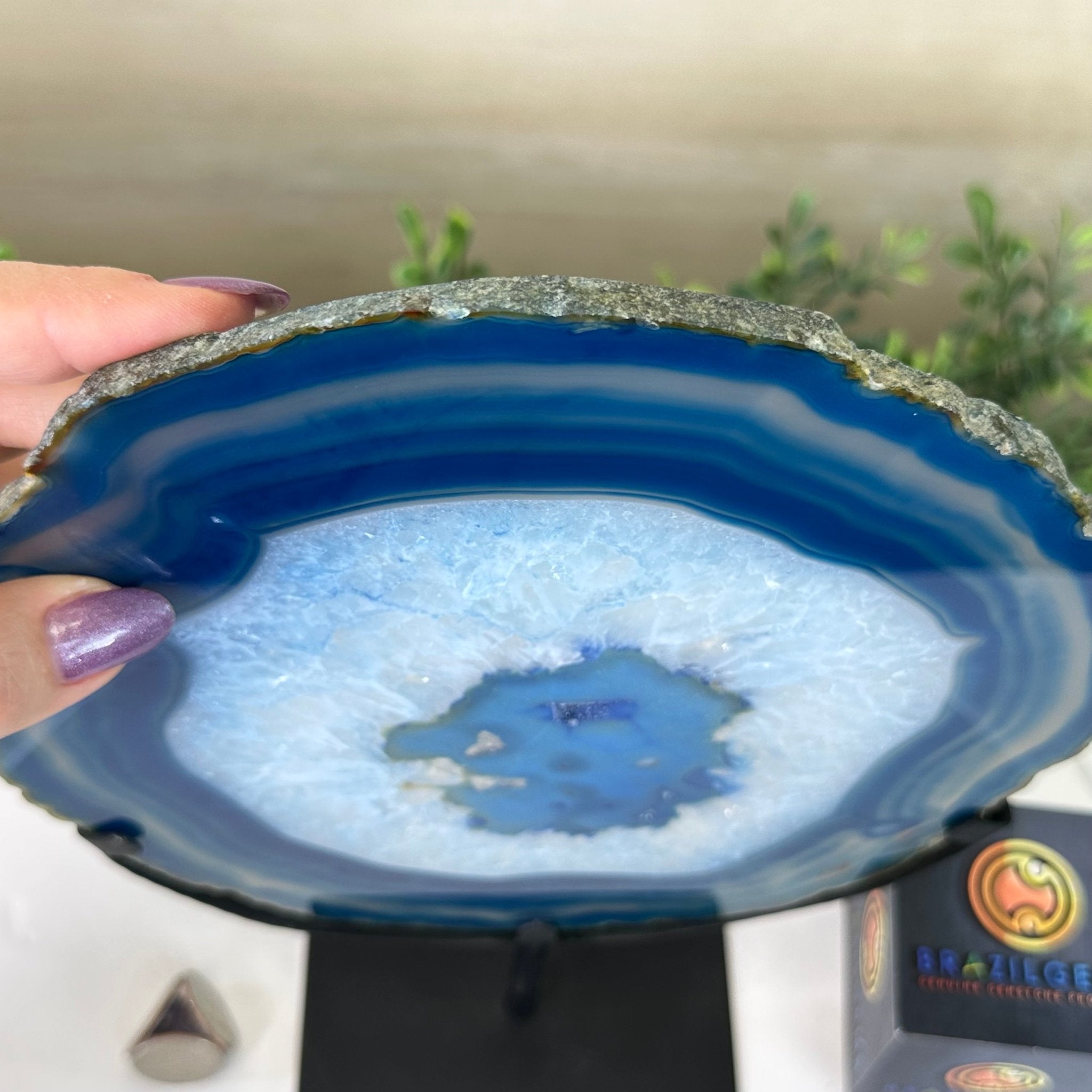 Brazilian Blue Agate Slice on a Metal Stand, 11.5" Tall #5055 - 0148 - Brazil GemsBrazil GemsBrazilian Blue Agate Slice on a Metal Stand, 11.5" Tall #5055 - 0148Slices on Fixed Bases5055 - 0148