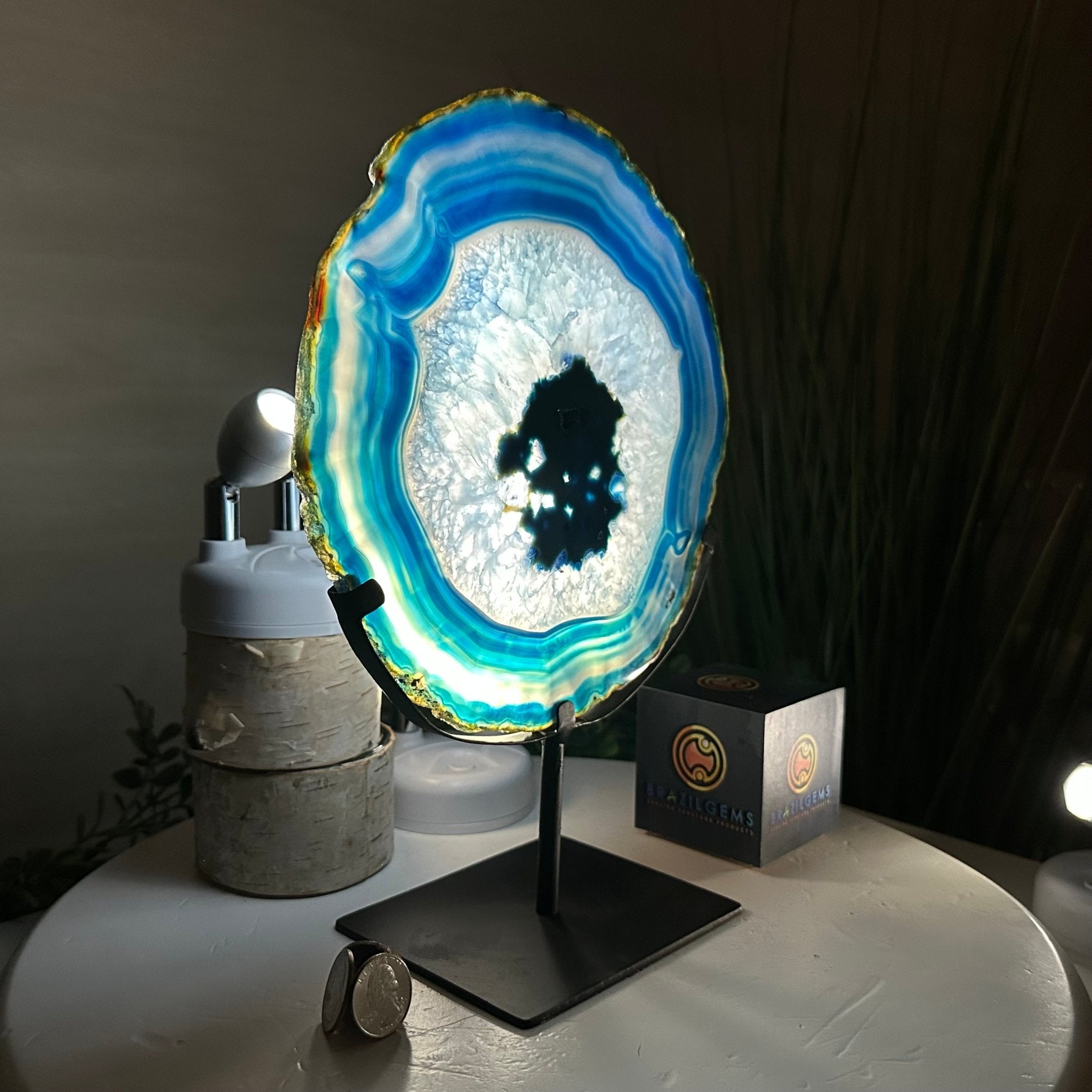 Brazilian Blue Agate Slice on a Metal Stand, 11.5" Tall #5055 - 0148 - Brazil GemsBrazil GemsBrazilian Blue Agate Slice on a Metal Stand, 11.5" Tall #5055 - 0148Slices on Fixed Bases5055 - 0148