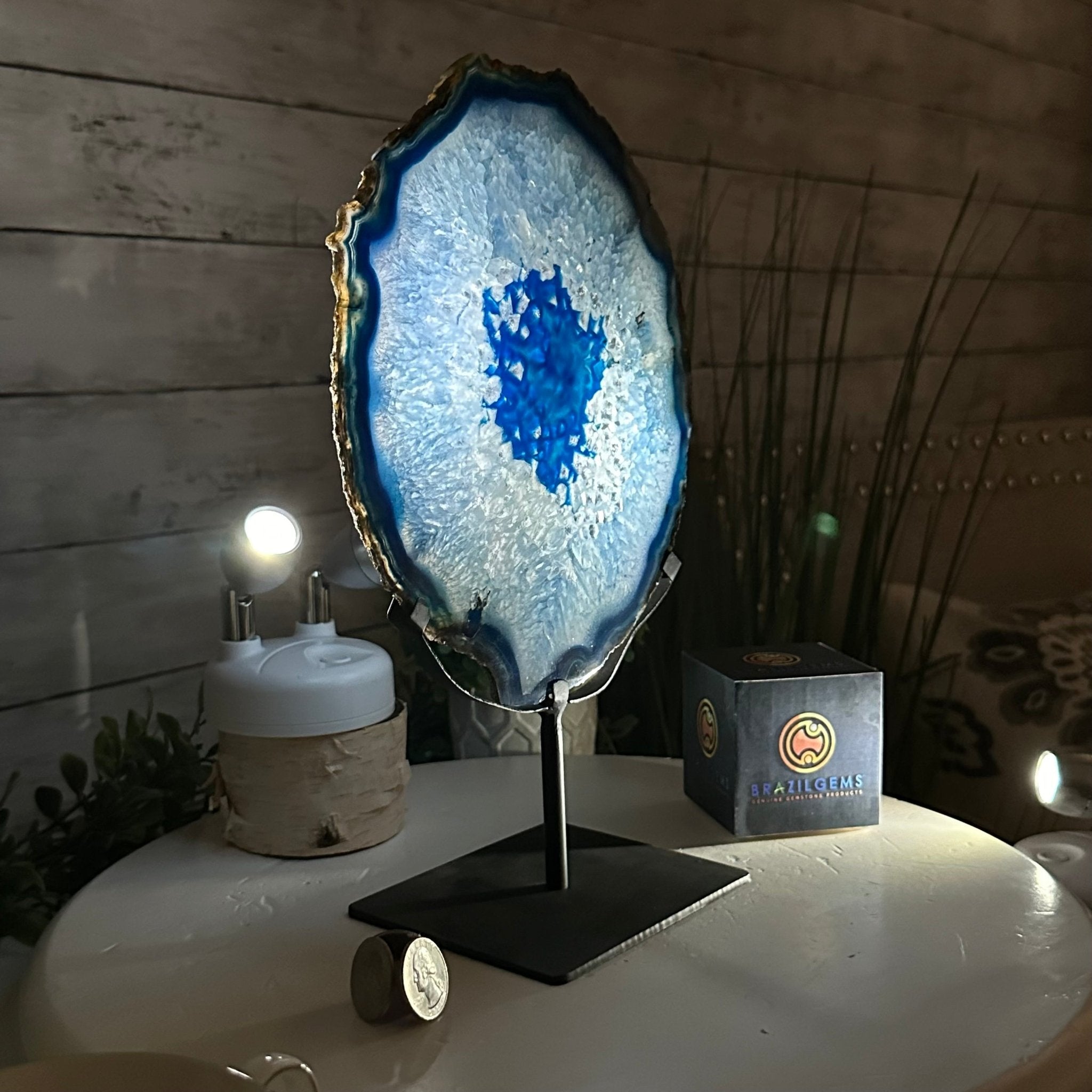 Brazilian Blue Agate Slice on a Metal Stand, 11.7" Tall #5055-0136 - Brazil GemsBrazil GemsBrazilian Blue Agate Slice on a Metal Stand, 11.7" Tall #5055-0136Slices on Fixed Bases5055-0136