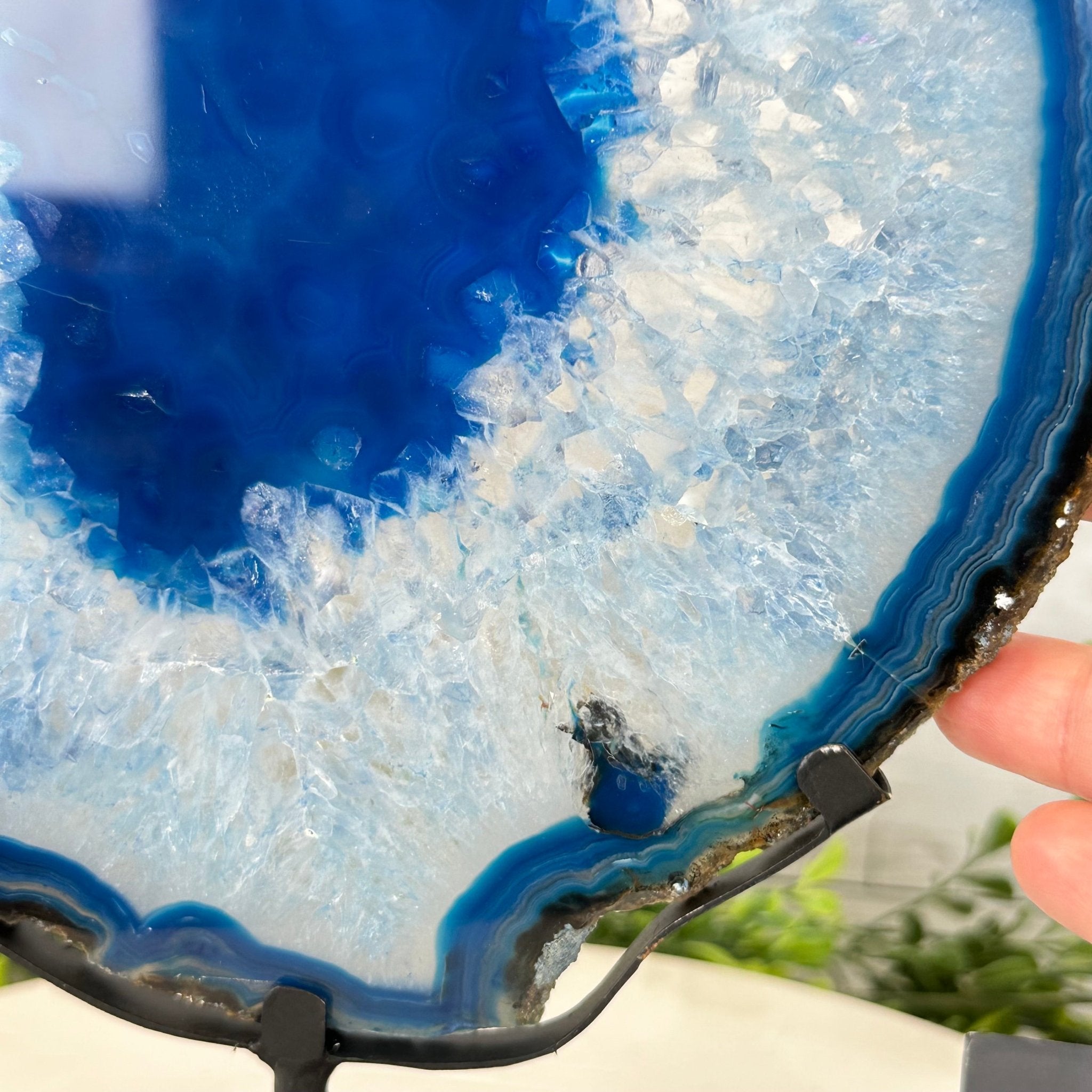 Brazilian Blue Agate Slice on a Metal Stand, 12" Tall #5055-0137 - Brazil GemsBrazil GemsBrazilian Blue Agate Slice on a Metal Stand, 12" Tall #5055-0137Slices on Fixed Bases5055-0137