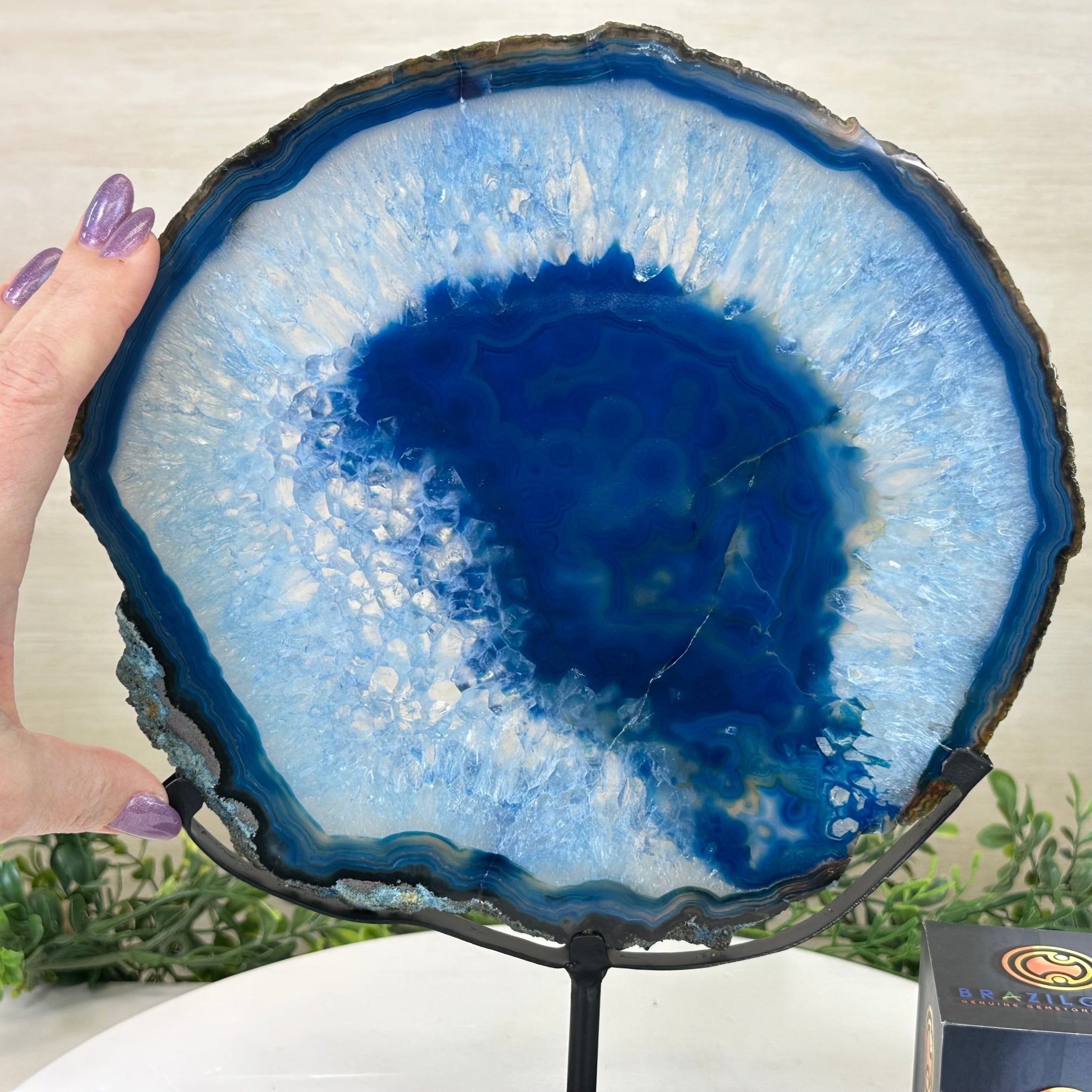 Brazilian Blue Agate Slice on a Metal Stand, 12.2" Tall #5055 - 0157 - Brazil GemsBrazil GemsBrazilian Blue Agate Slice on a Metal Stand, 12.2" Tall #5055 - 0157Slices on Fixed Bases5055 - 0157