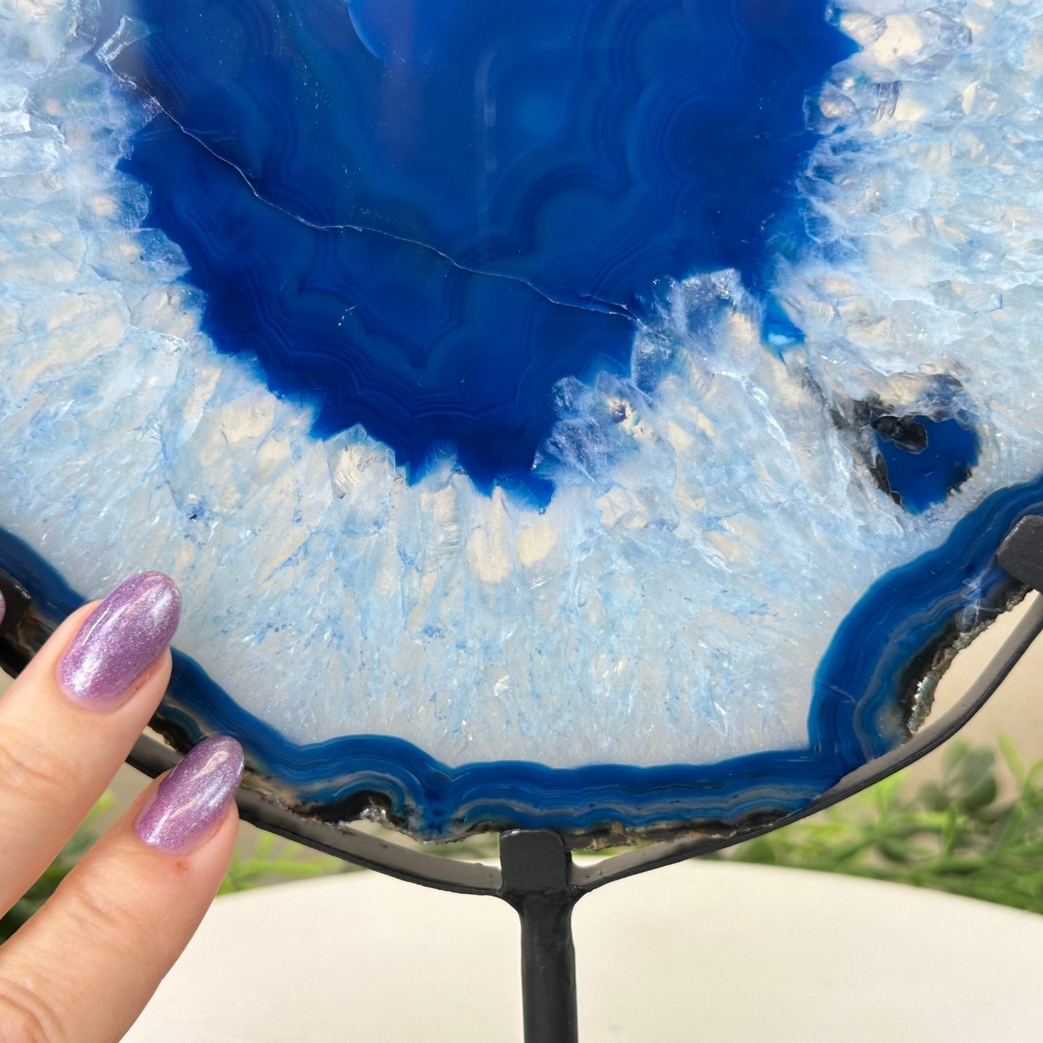 Brazilian Blue Agate Slice on a Metal Stand, 12.3" Tall #5055 - 0146 - Brazil GemsBrazil GemsBrazilian Blue Agate Slice on a Metal Stand, 12.3" Tall #5055 - 0146Slices on Fixed Bases5055 - 0146